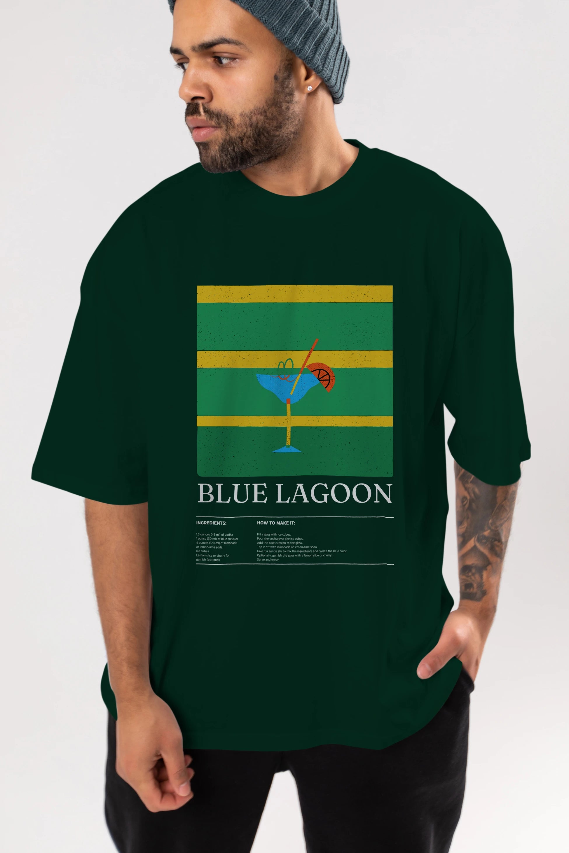 Blue Lagoon Kokteyl Ön Baskılı Oversize t-shirt Erkek Kadın %100 Pamuk Bisiklet Yaka tişort