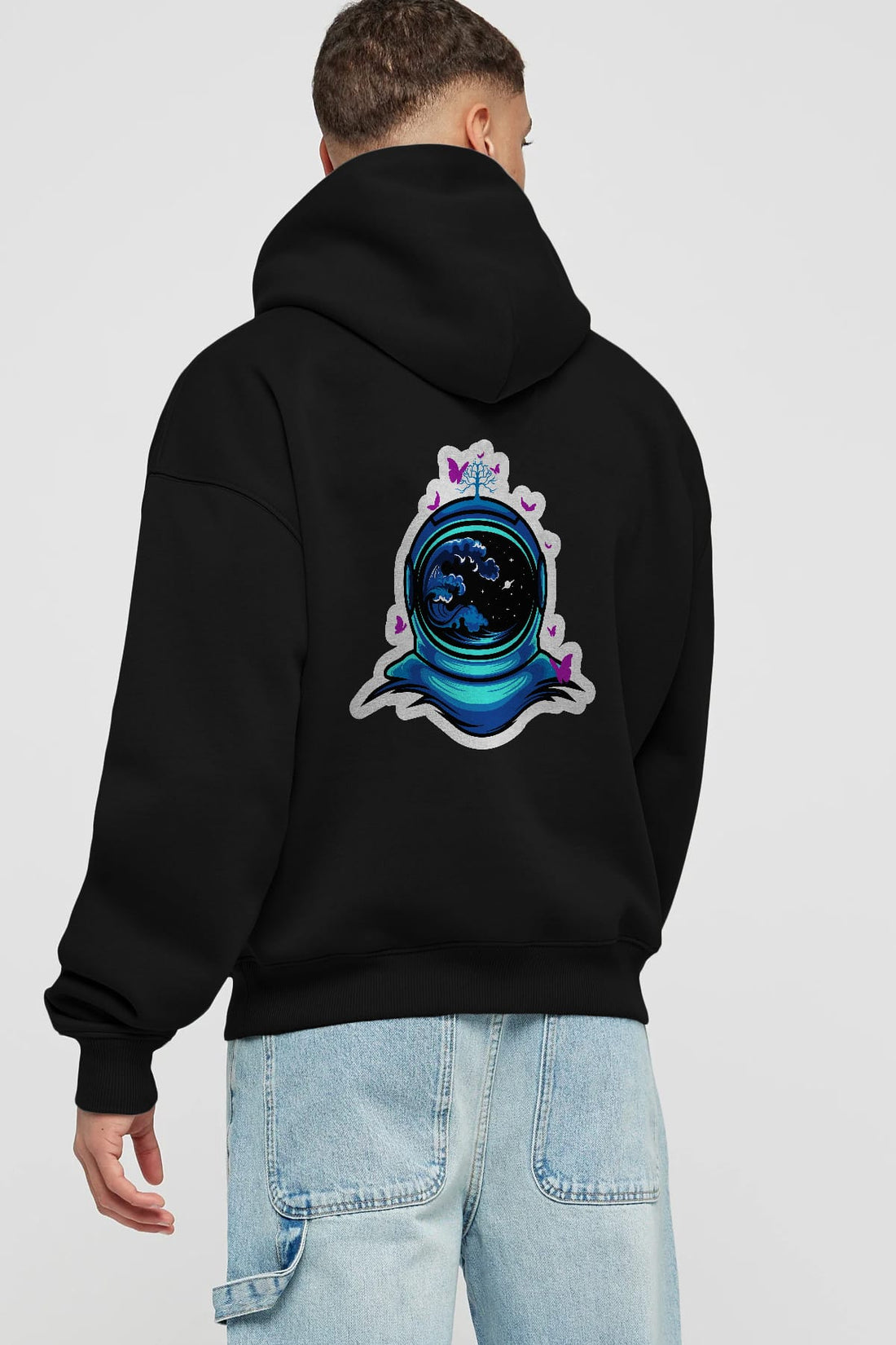 Astronaut and Butterfly Sticker Arka Baskılı Hoodie Oversize Kapüşonlu Sweatshirt Erkek Kadın Unisex