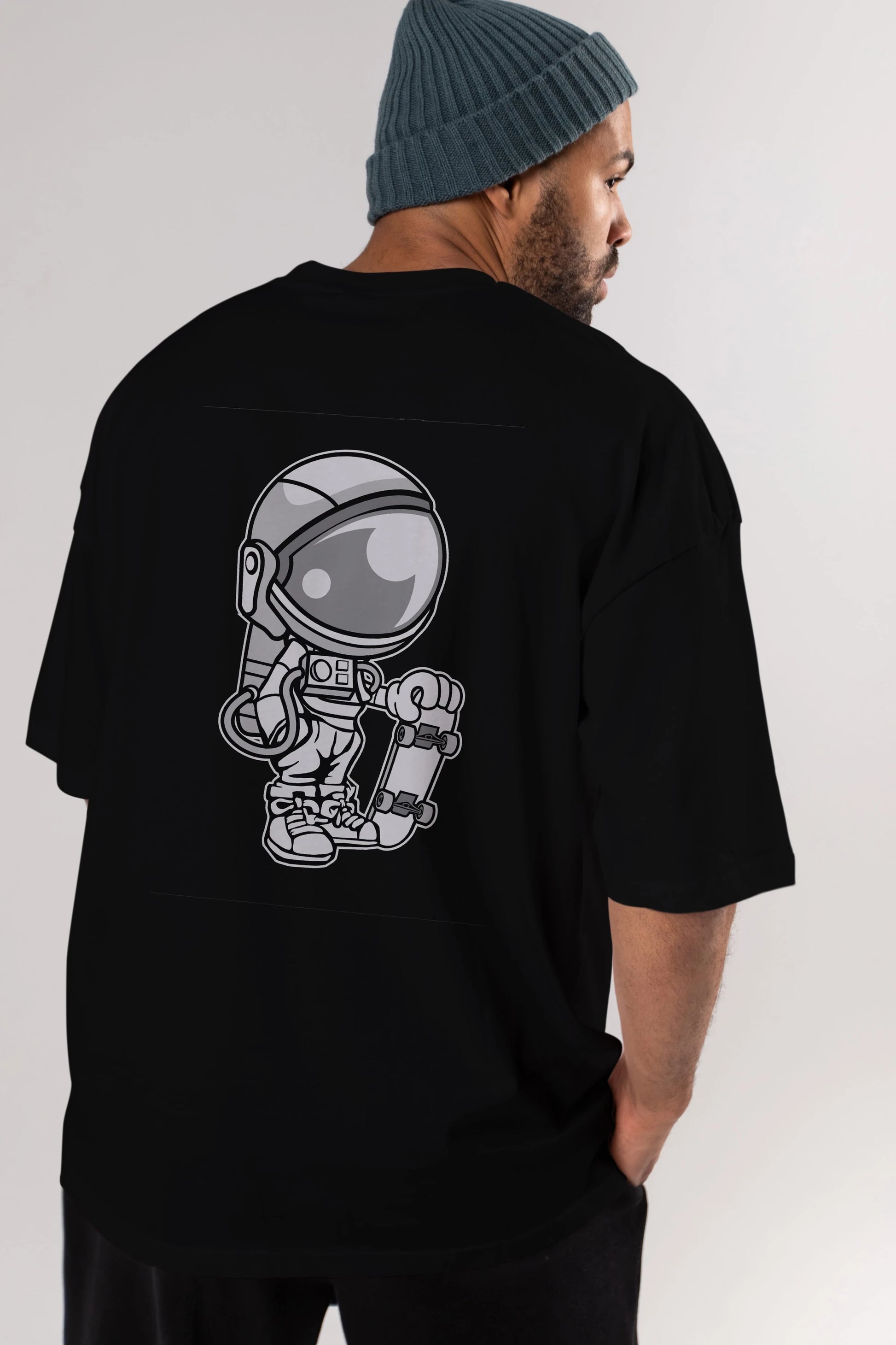 Astronaut Skaterboy Arka Baskılı Oversize t-shirt Erkek Kadın Unisex %100 Pamuk tişort