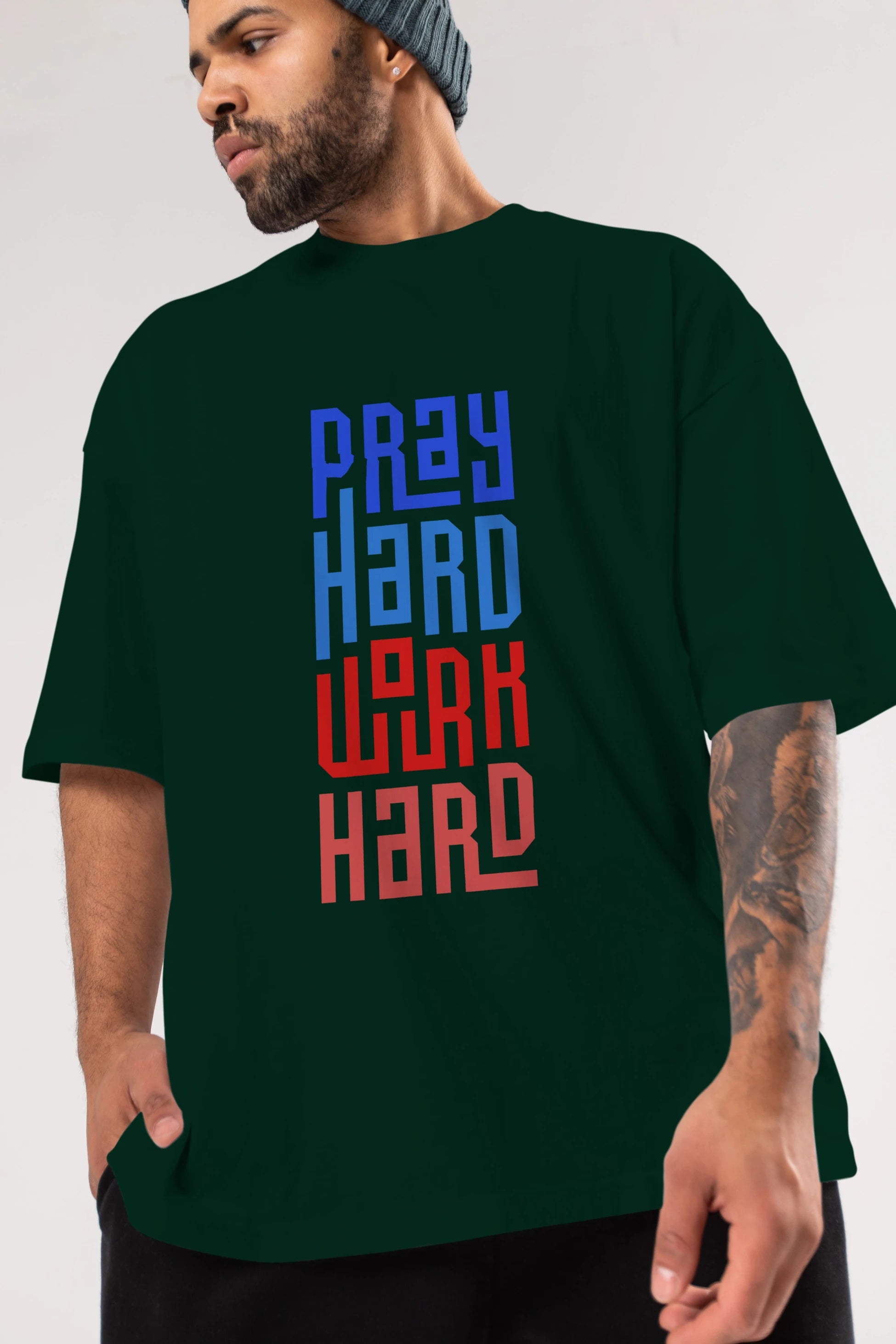 Pray Hard Work Hard Yazılı Ön Baskılı Oversize t-shirt Erkek Kadın Unisex