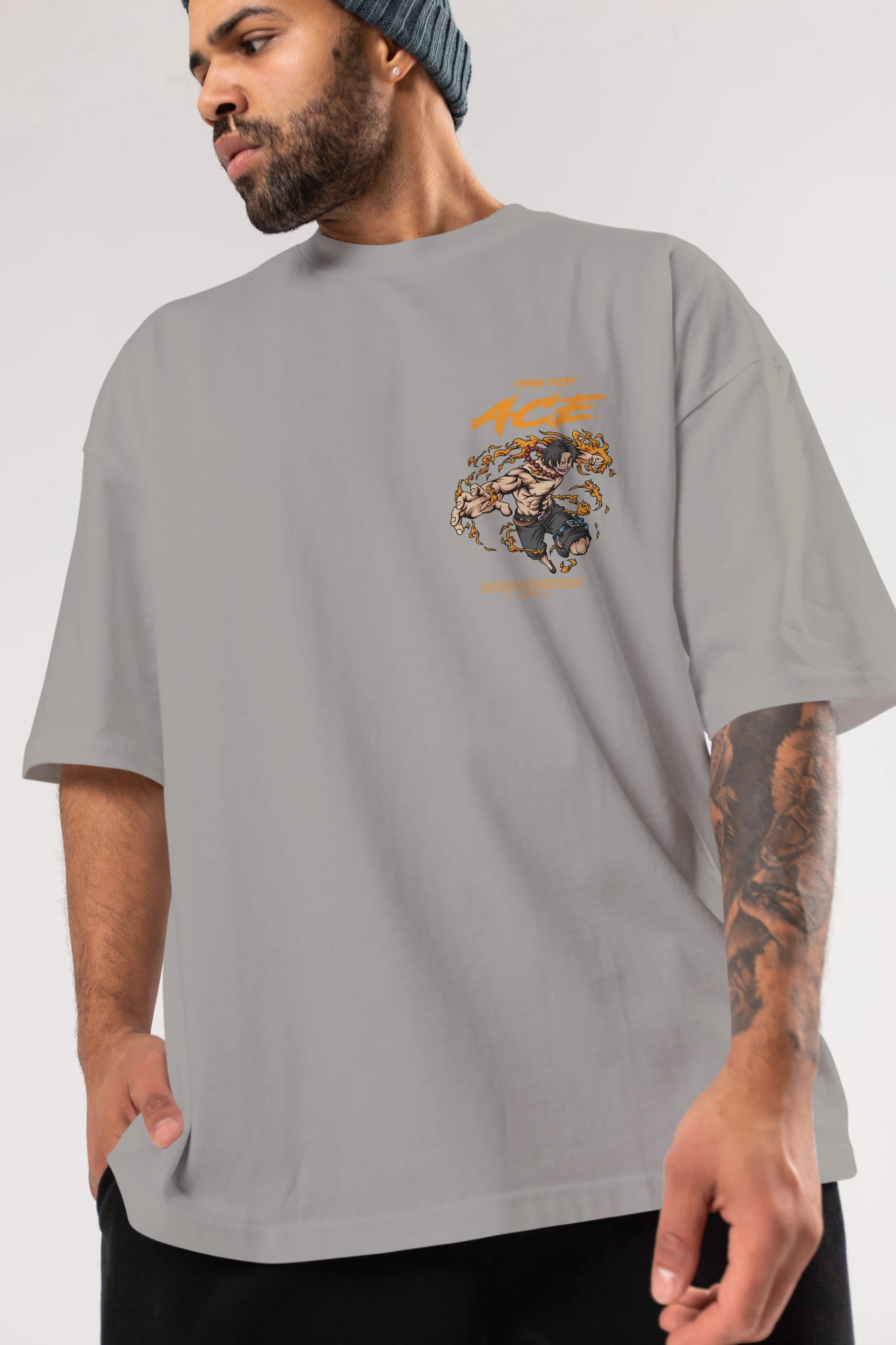 Fire Fist Ace Ön Sol Baskılı Oversize t-shirt Erkek Kadın Unisex %100 Pamuk Bisiklet Yaka tişort