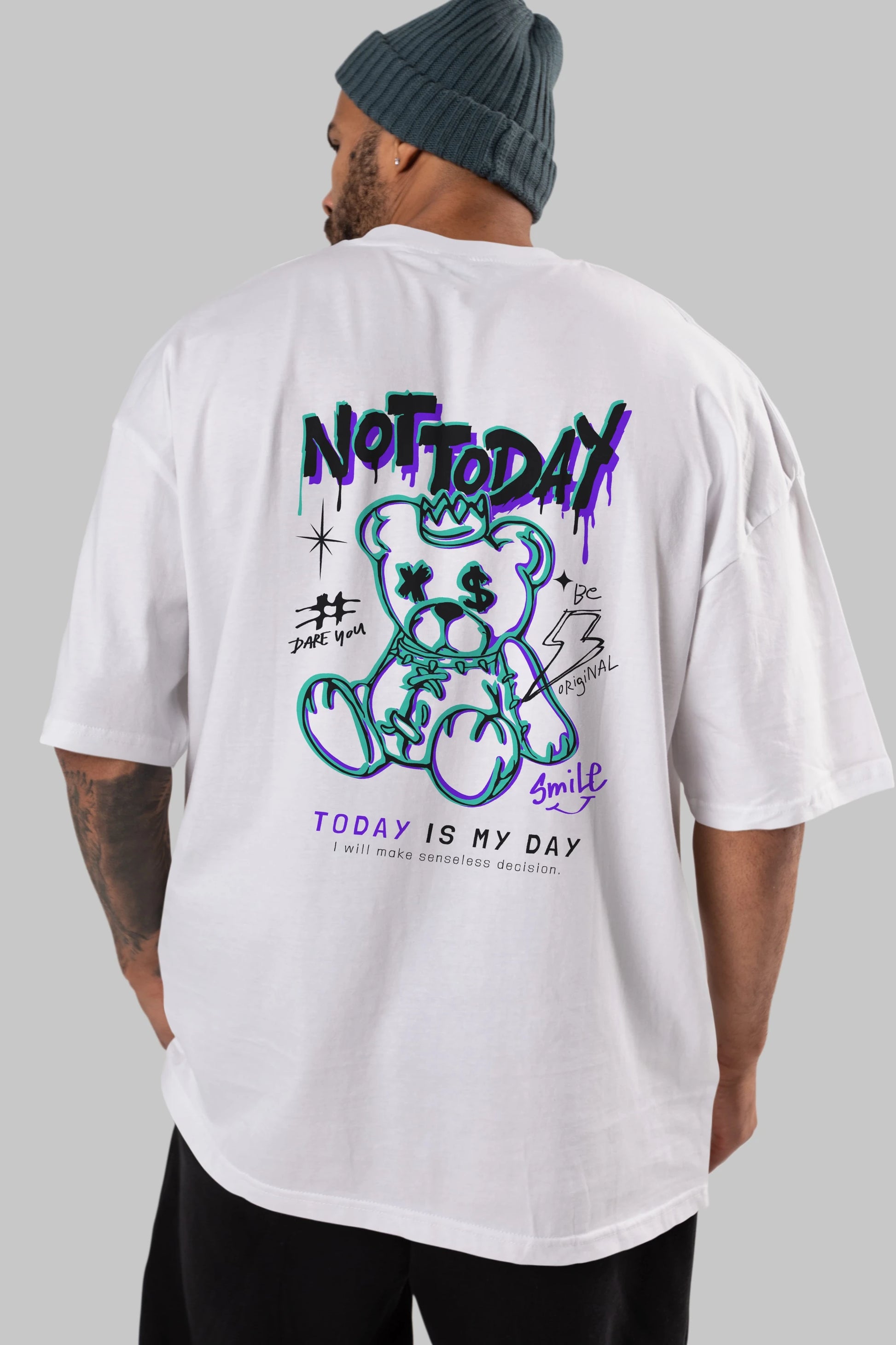 Teddy Bear Not Today Arka Baskılı Oversize t-shirt Erkek Kadın Unisex