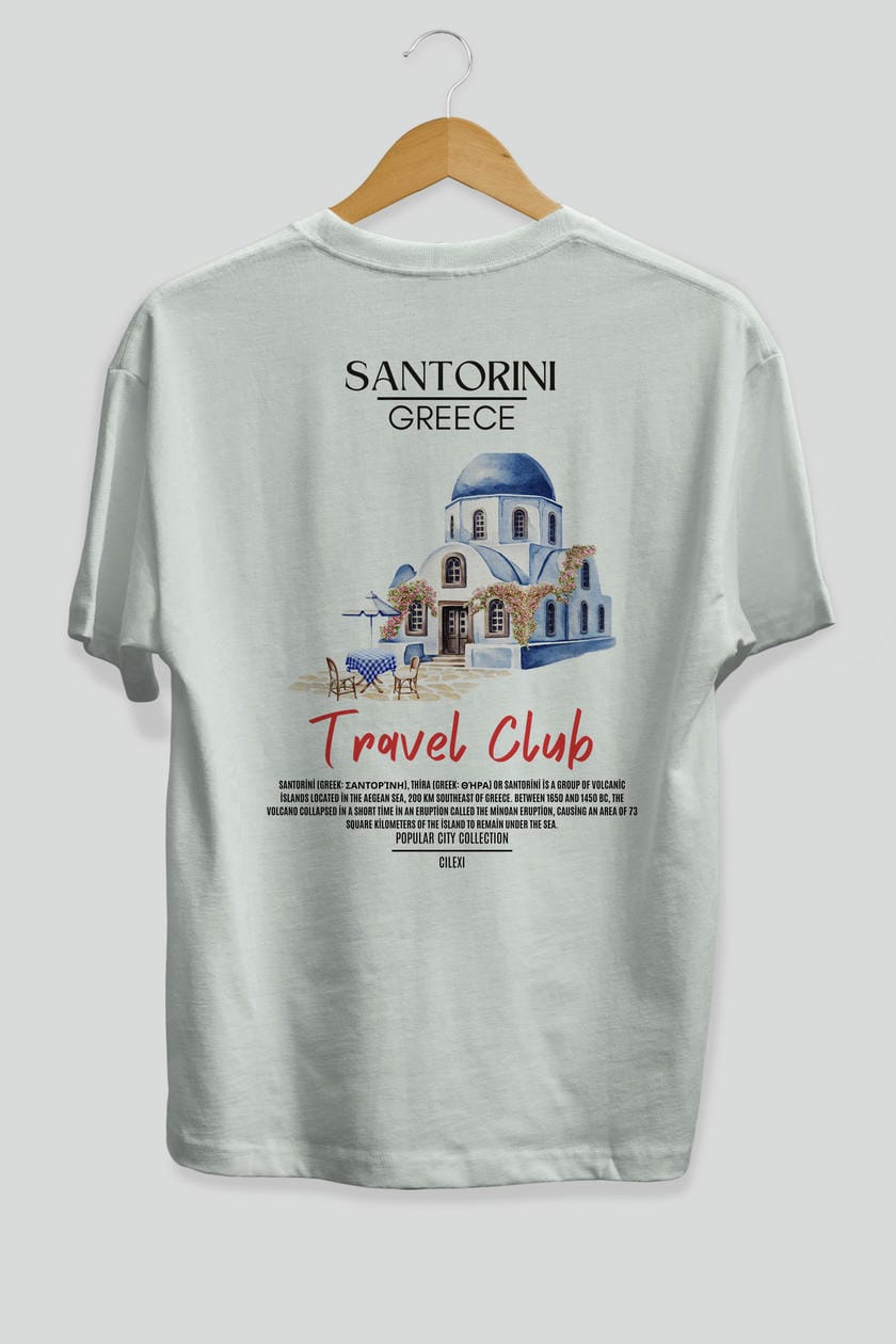 Santorini Greece Arka Baskılı Oversize t-shirt Erkek Kadın Pamuk Bisiklet Yaka tişort