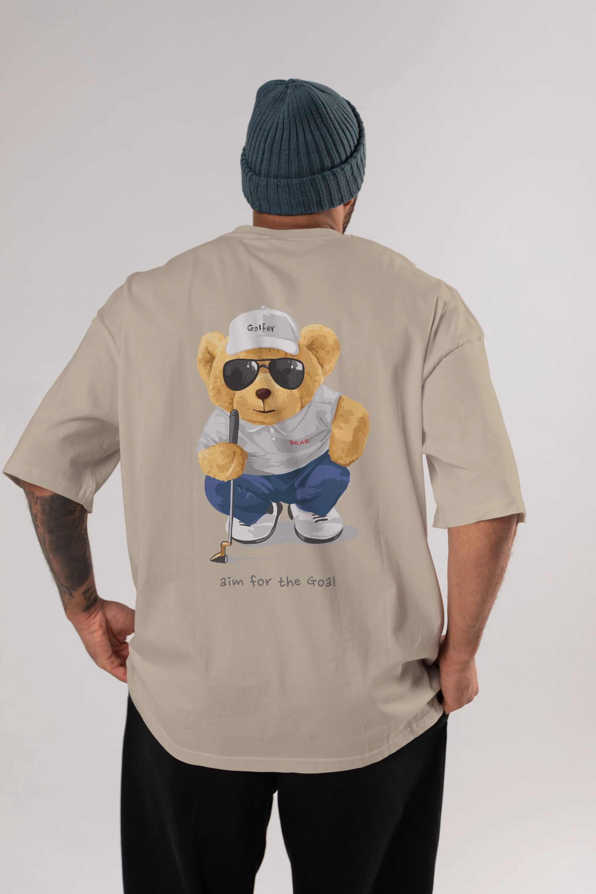 Teddy Bear Golfer Arka Baskılı Oversize t-shirt Erkek Kadın Unisex %100 Pamuk