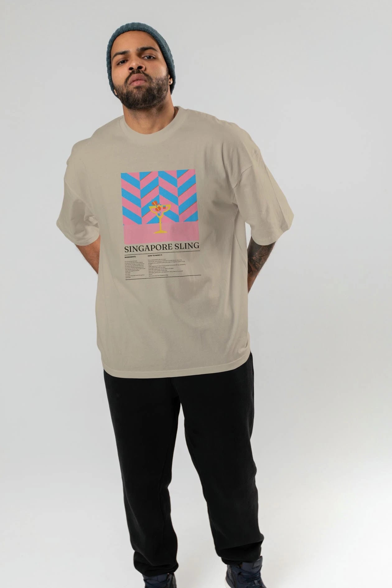 Sıngapore Sling Kokteyl Ön Baskılı Oversize t-shirt Erkek Kadın %100 Pamuk Bisiklet Yaka tişort