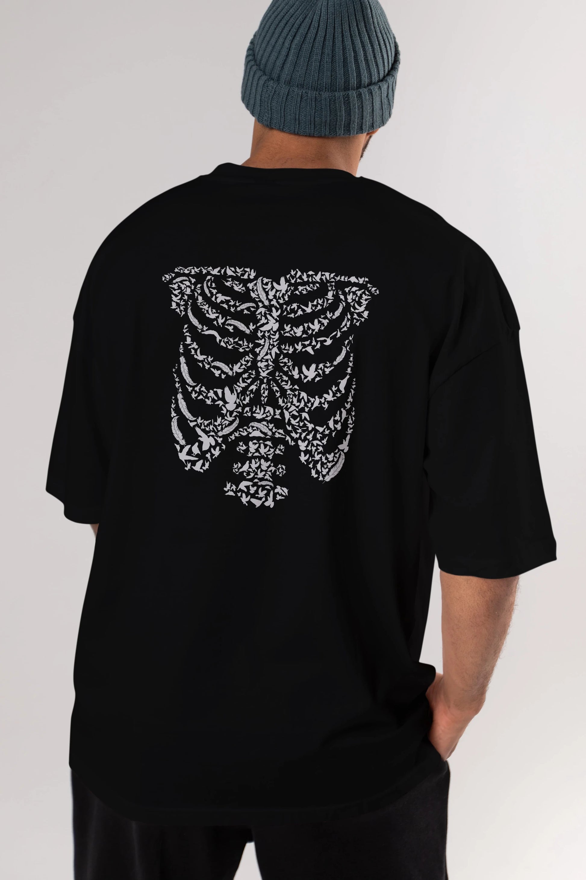 Ribcage Bird Arka Baskılı Oversize t-shirt %100 pamuk Erkek Kadın Unisex