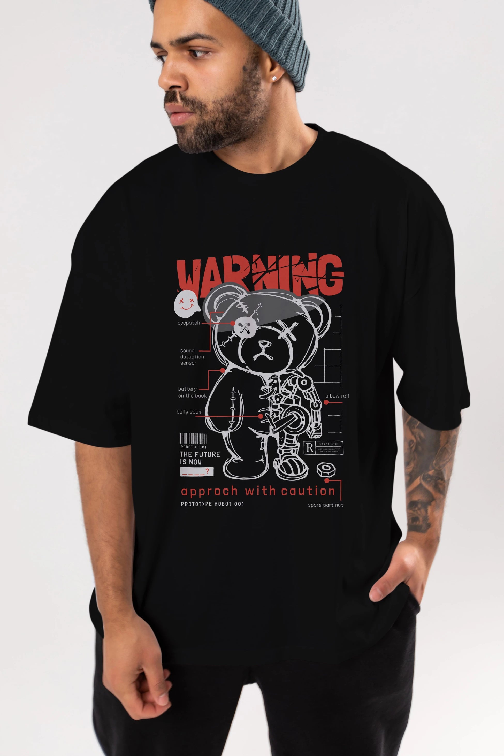 Teddy Bear Warning Ön Baskılı Oversize t-shirt Erkek Kadın Unisex