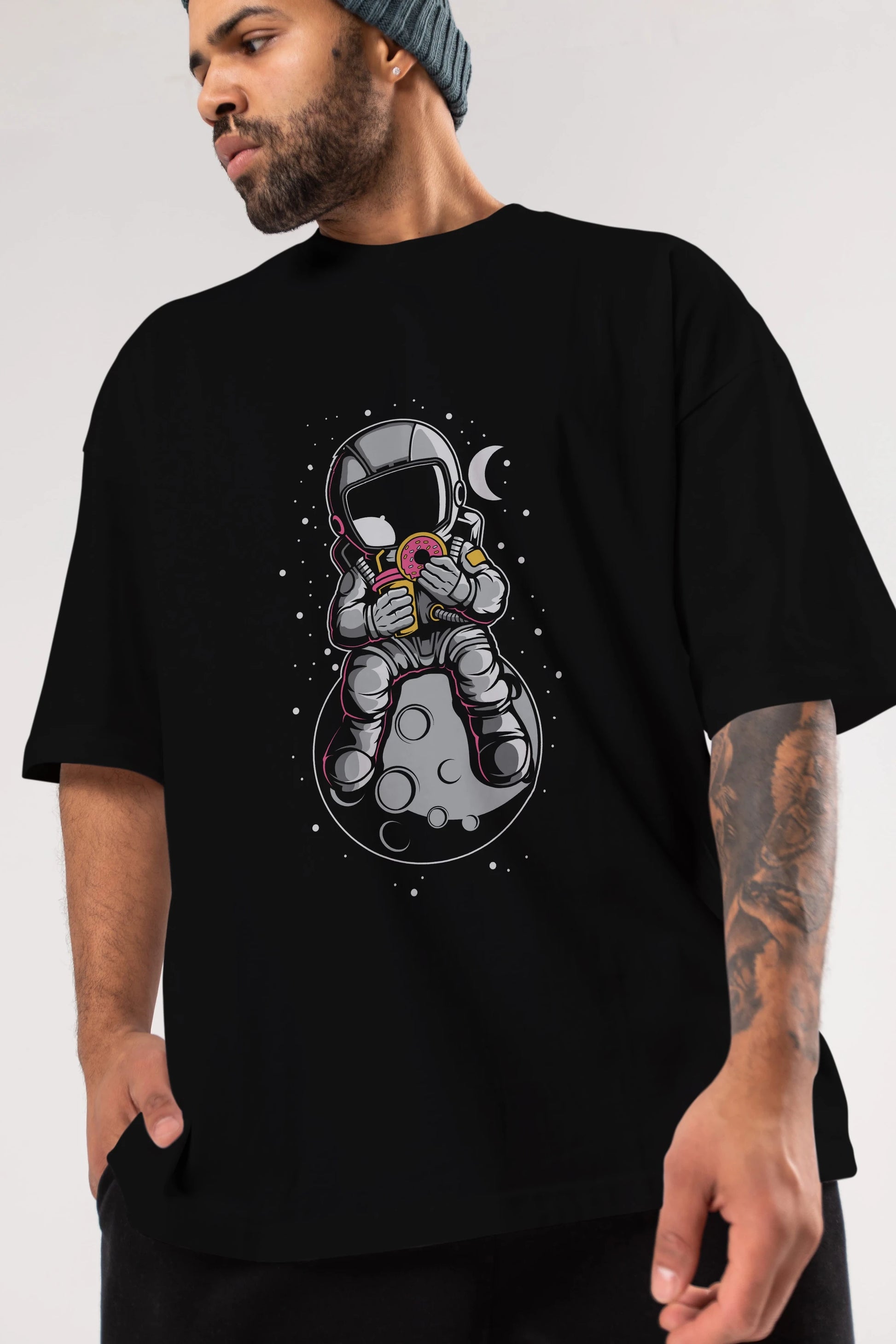 Astronaut Donuts Ön Baskılı Oversize t-shirt Erkek Kadın Unisex