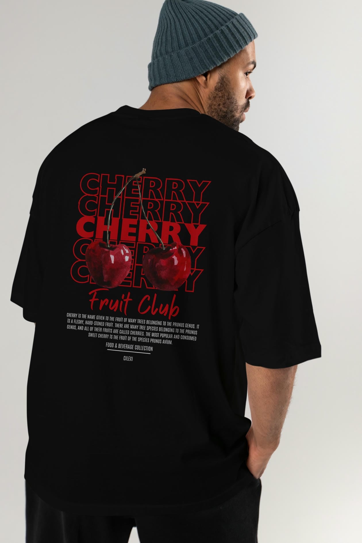 Cherry Arka Baskılı Oversize t-shirt Erkek Kadın Pamuk Bisiklet Yaka tişort