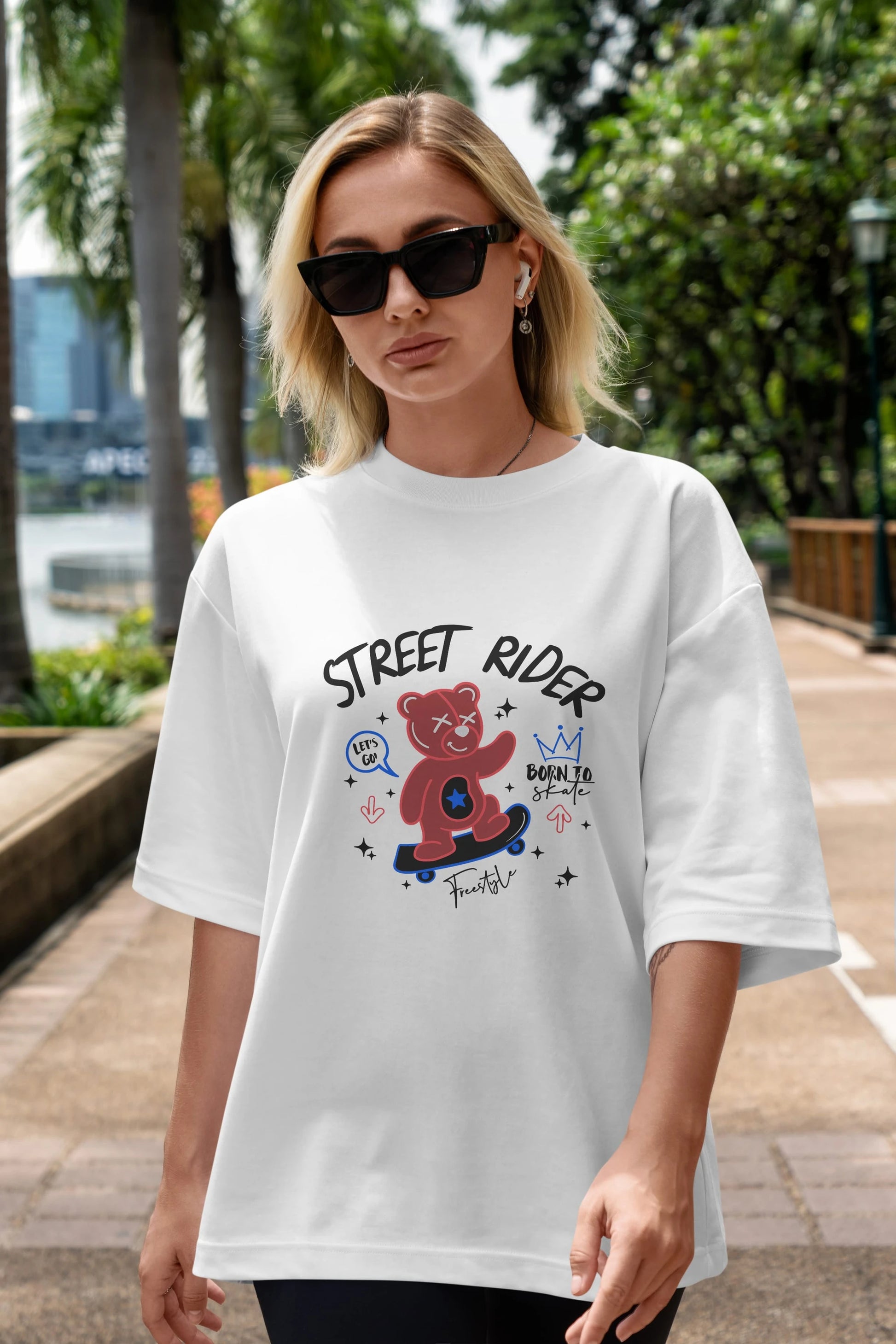 Street Rider Bear Ön Baskılı Oversize t-shirt Erkek Kadın Unisex