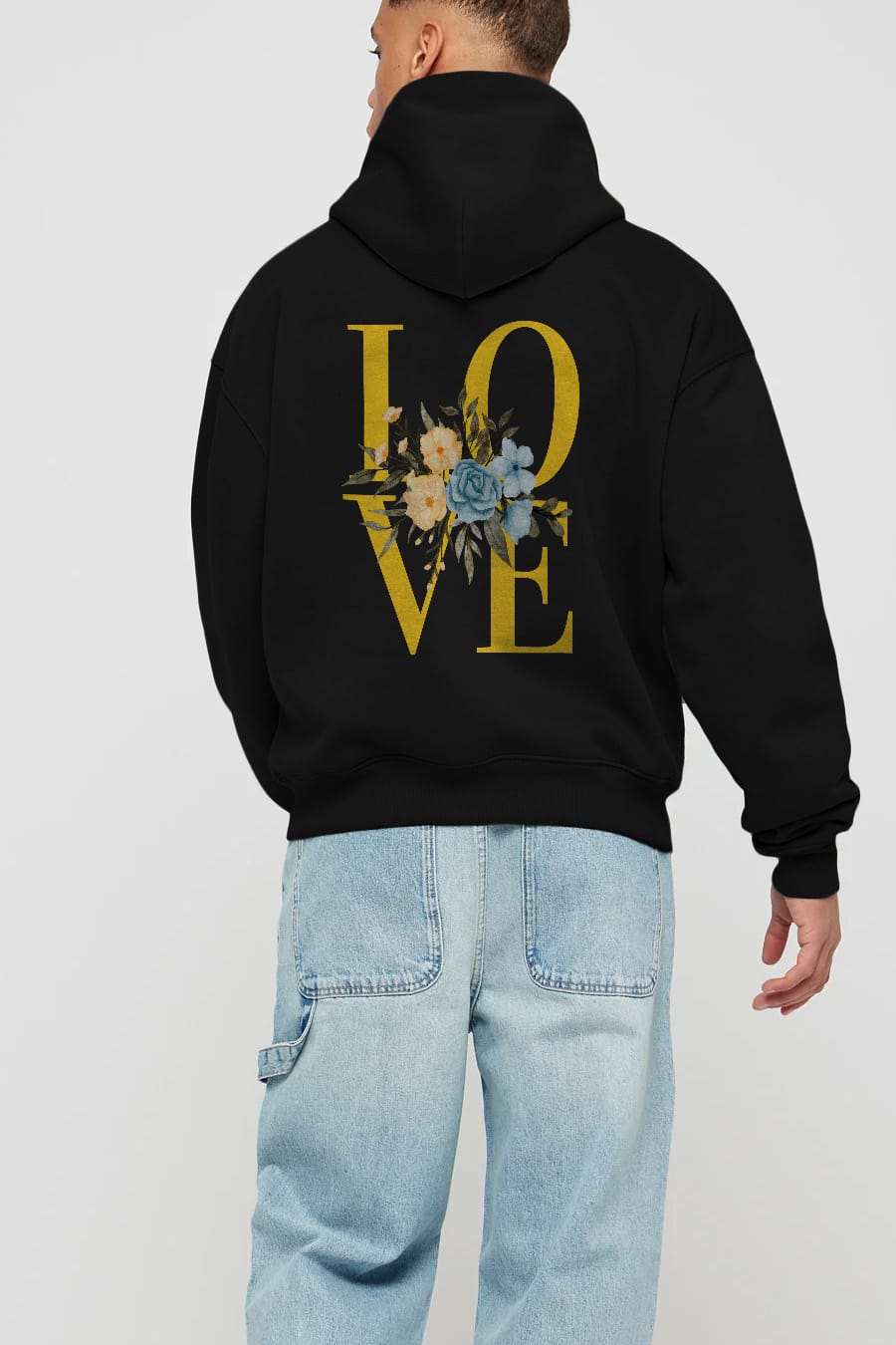 Love Flower Arka Baskılı Oversize Hoodie Kapüşonlu Sweatshirt Erkek Kadın Unisex
