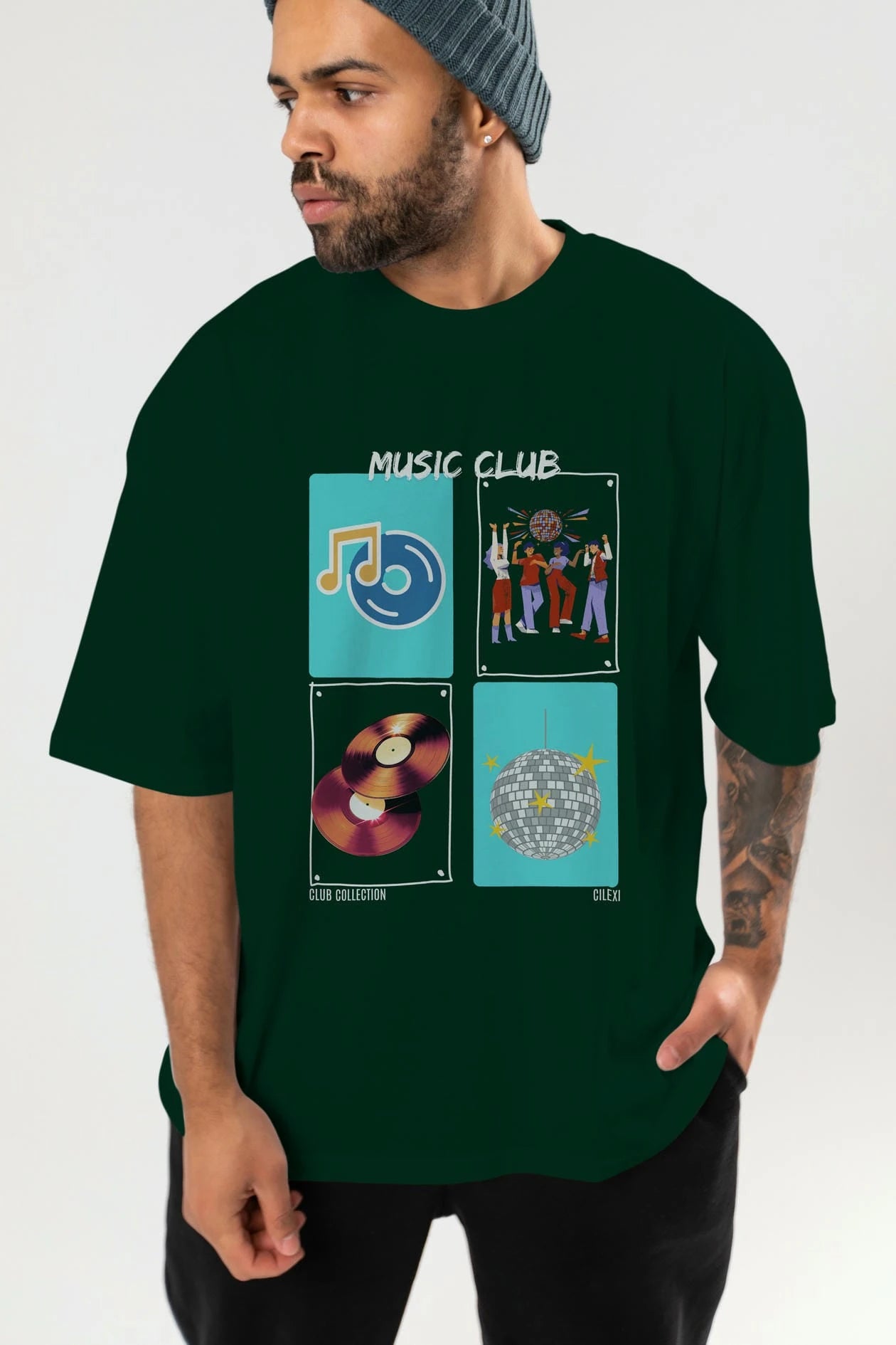 Music Club ön Baskılı Oversize t-shirt Erkek Kadın %100 Pamuk Bisiklet Yaka tişort