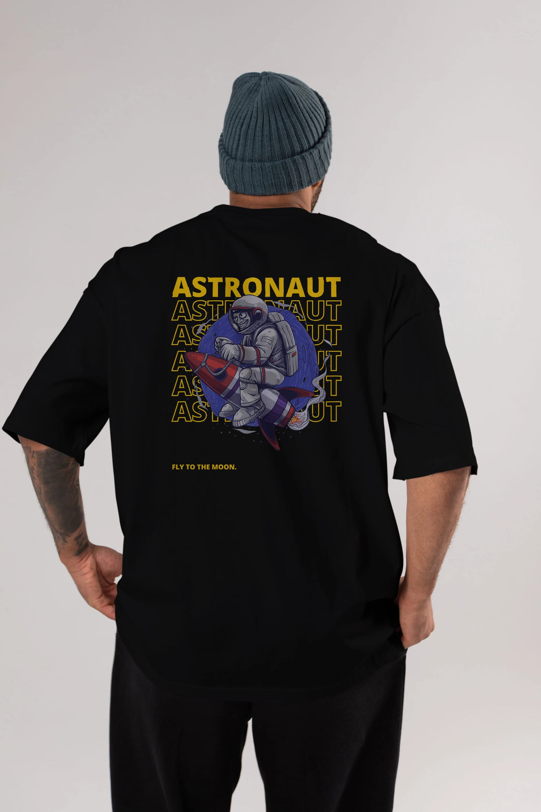 Astronaut Fly to the Moon Yazılı Arka Baskılı Oversize t-shirt Erkek Kadın Unisex