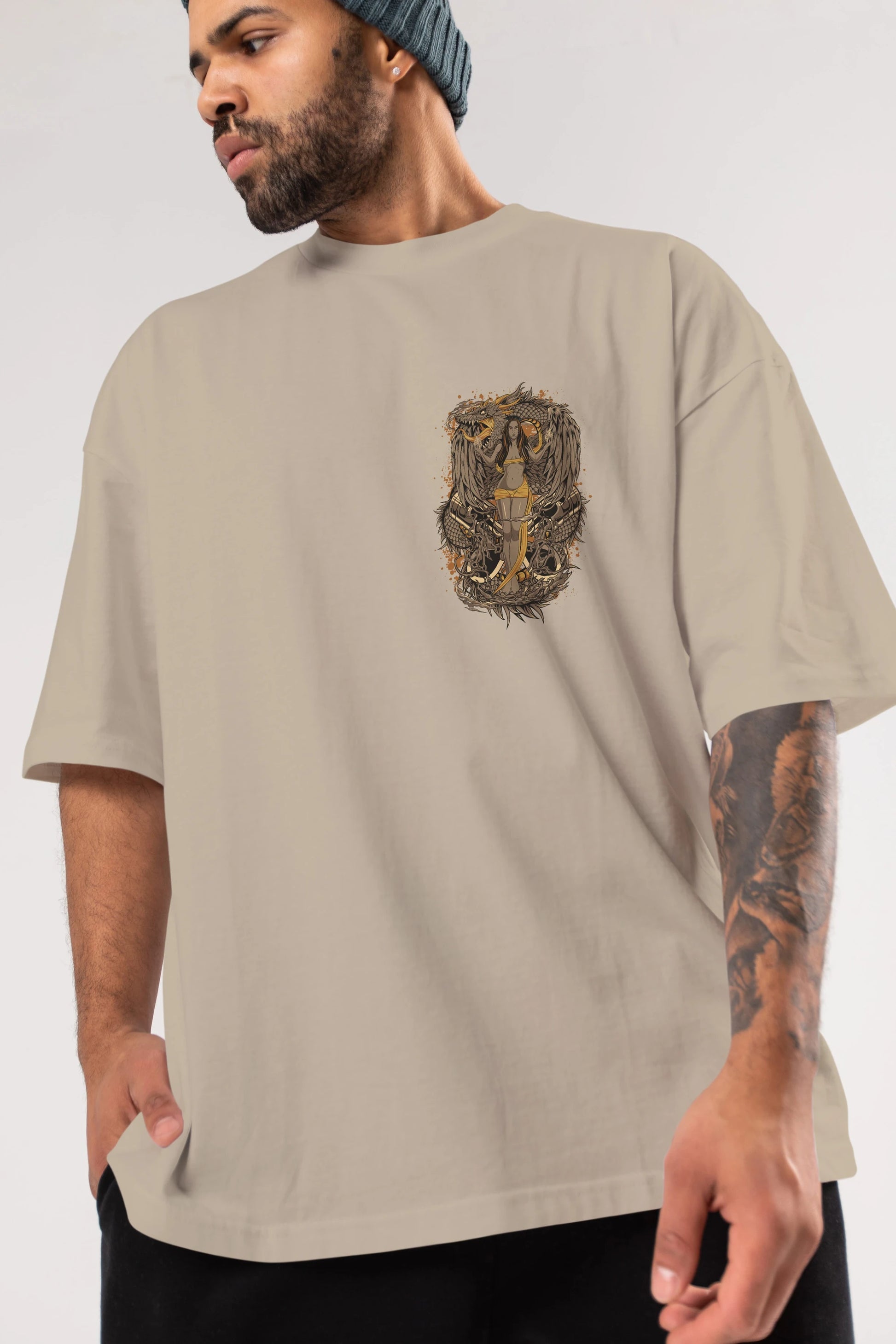 TRIBAL (3) Ön Sol Baskılı Oversize t-shirt Erkek Kadın Unisex %100 Pamuk Bisiklet Yaka tişort