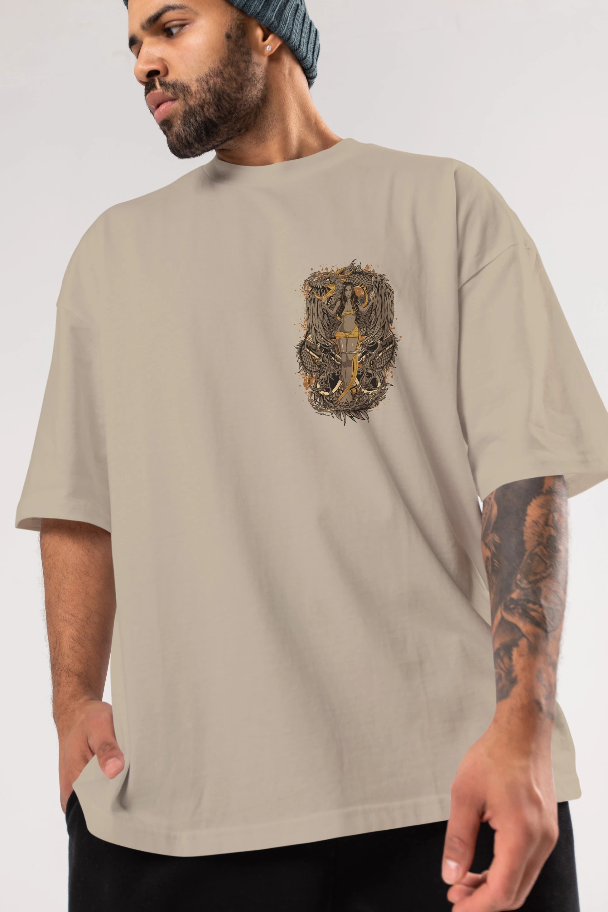 TRIBAL (3) Ön Sol Baskılı Oversize t-shirt Erkek Kadın Unisex %100 Pamuk Bisiklet Yaka tişort