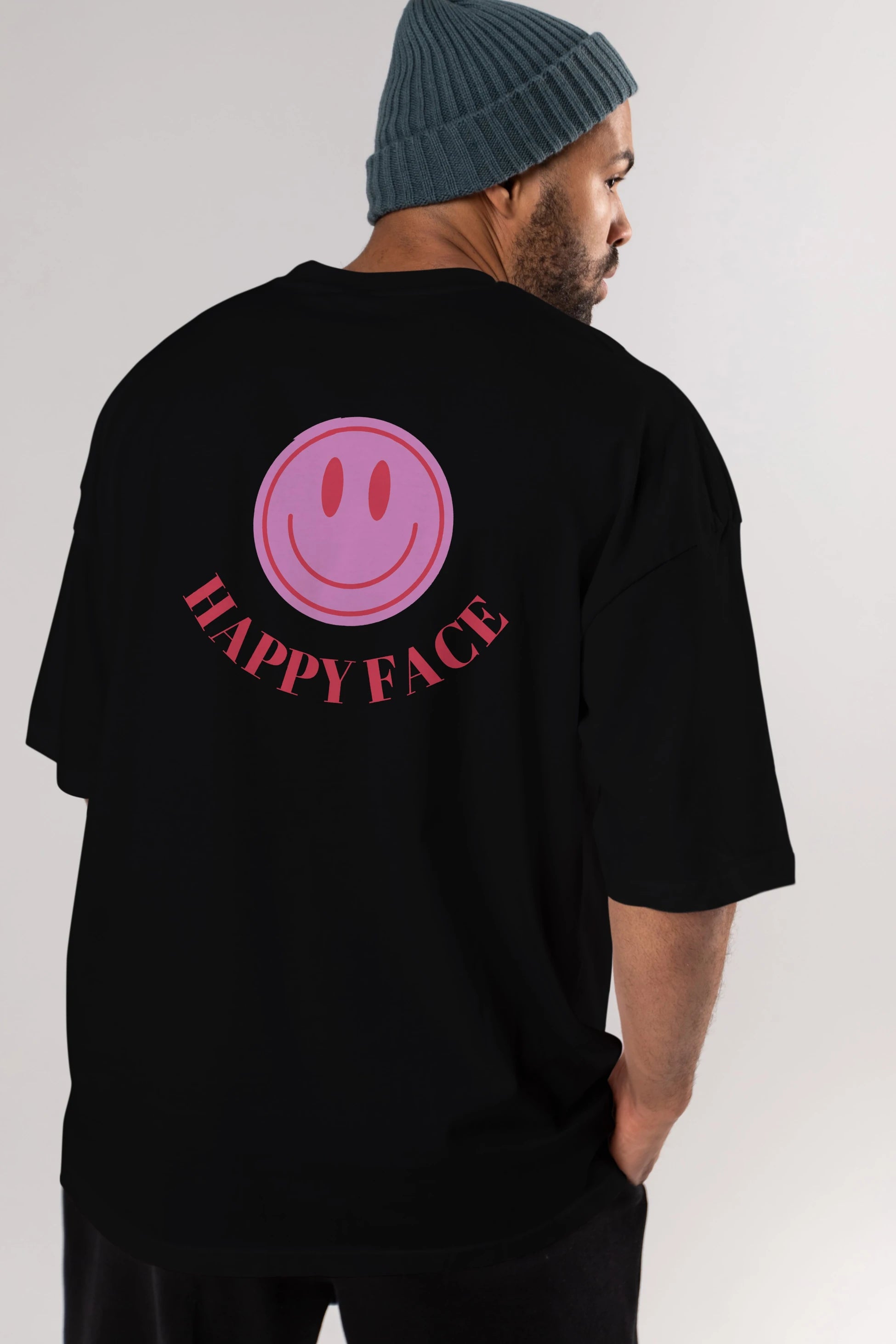 Happy Face Yazılı Arka Baskılı Oversize t-shirt Erkek Kadın Unisex