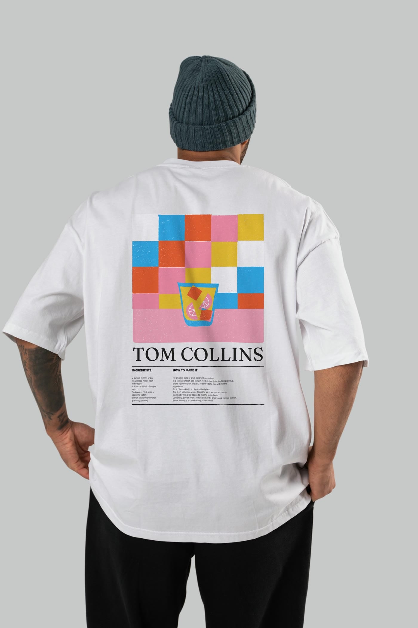 Tom Collins Kokteyl Serisi Arka Baskılı Oversize t-shirt Erkek Kadın %100 Pamuk Bisiklet Yaka tişort