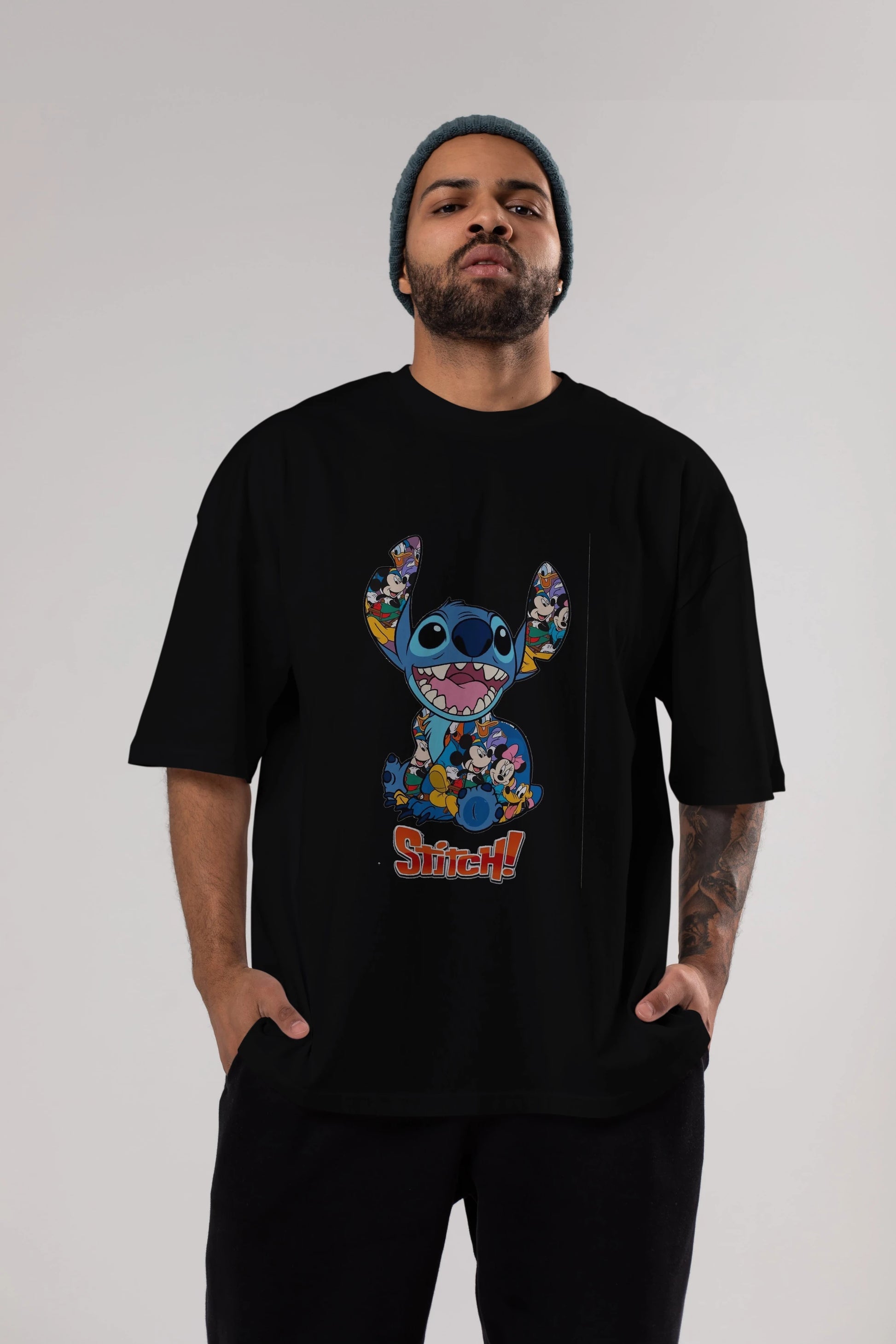 Stitch Ön Baskılı Oversize t-shirt Erkek Kadın Unisex %100 Pamuk Bisiklet Yaka tişort