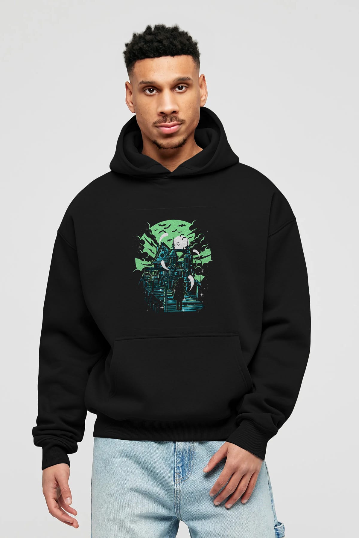 Haunted House Ön Baskılı Hoodie Oversize Kapüşonlu Sweatshirt Erkek Kadın Unisex
