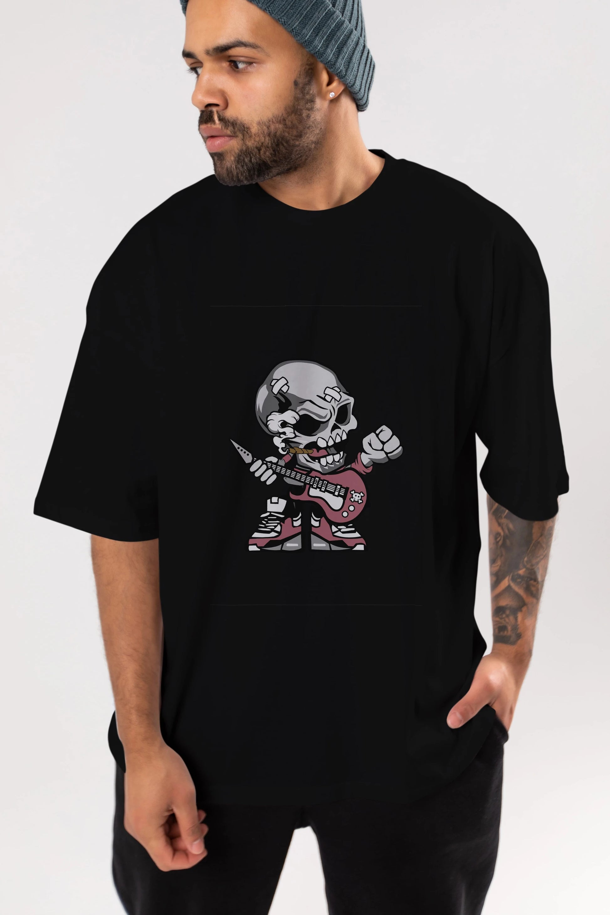Skull Rockstar Ön Baskılı Oversize t-shirt Erkek Kadın Unisex %100 Pamuk tişort