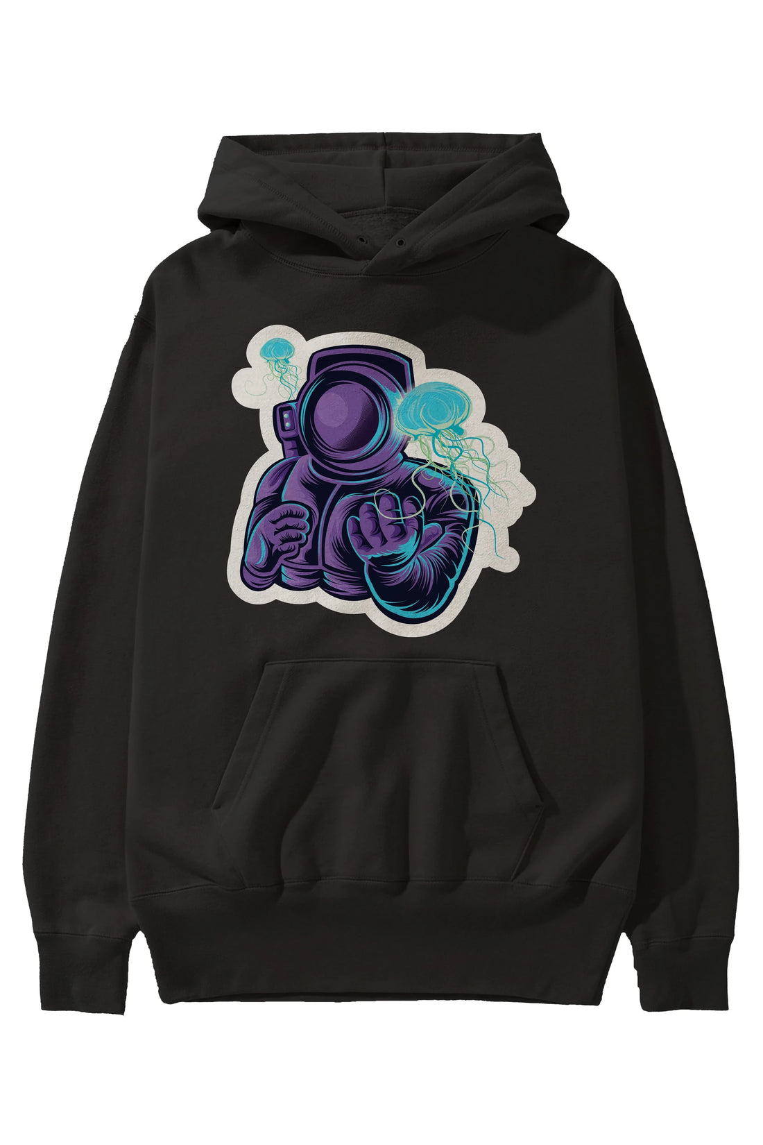 Astronaut and Jellyfish Sticker Ön Baskılı Hoodie Oversize Kapüşonlu Sweatshirt Erkek Kadın Unisex