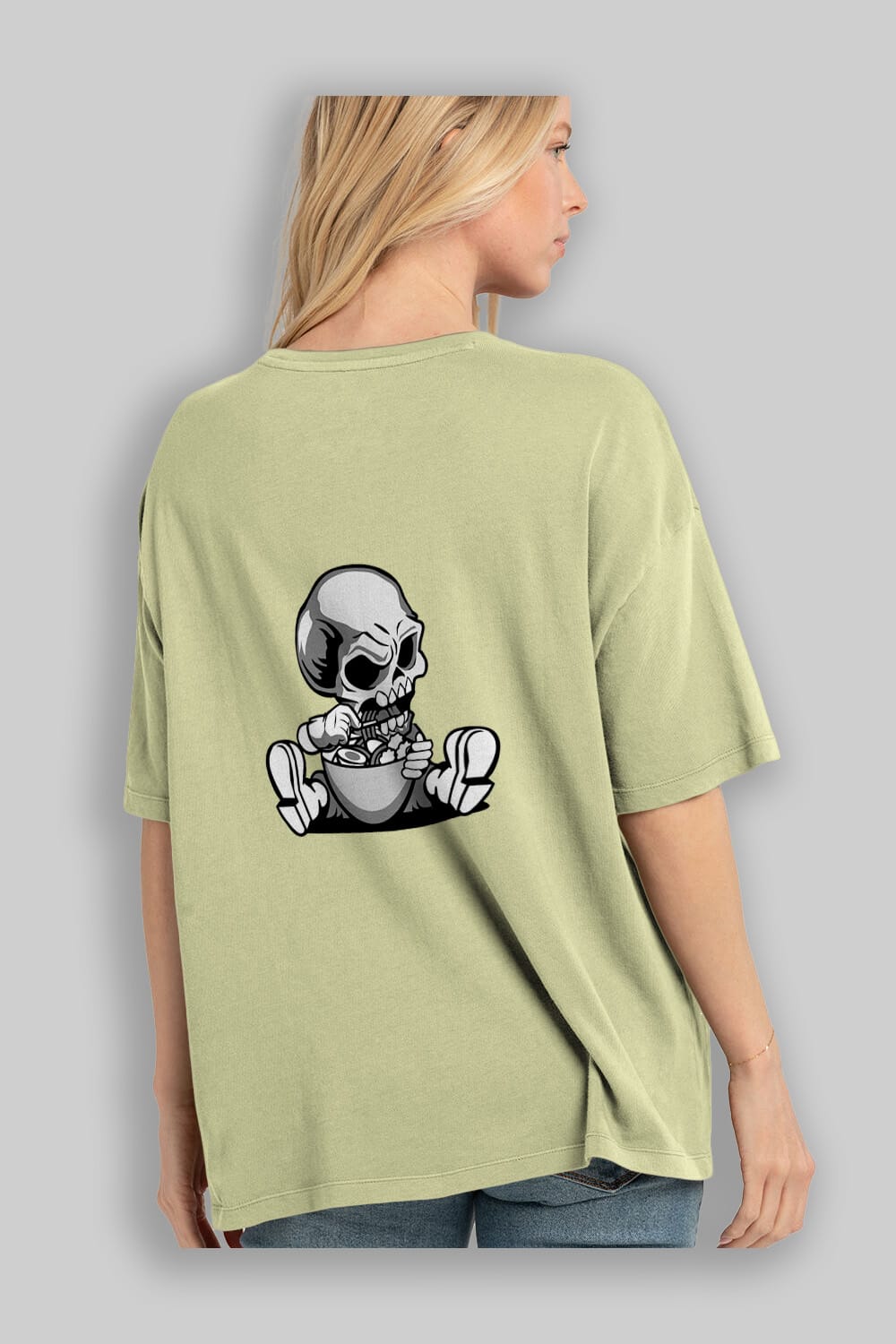 Skull Eat Ramen Arka Baskılı Oversize t-shirt Erkek Kadın Unisex %100 Pamuk tişort