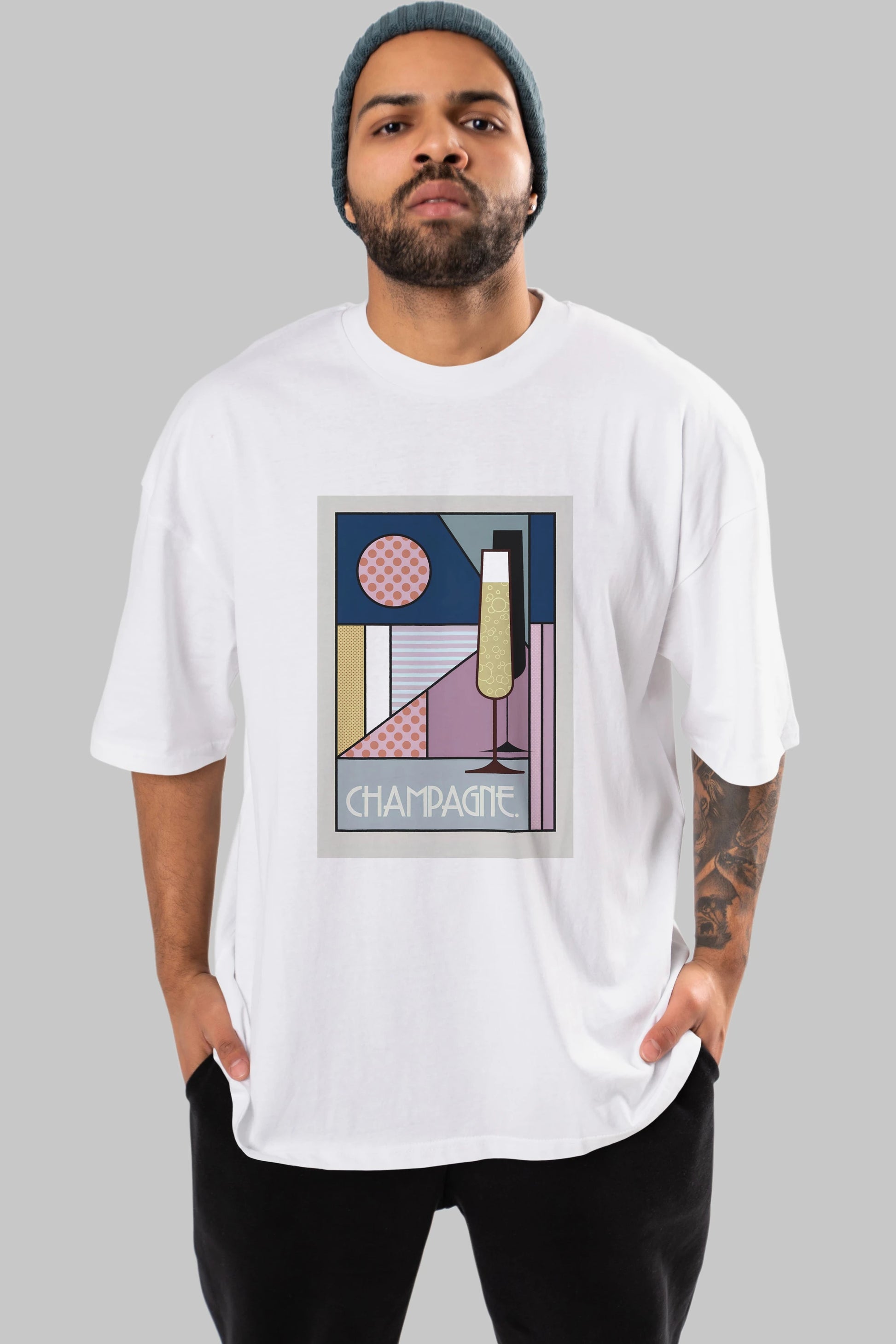 Champagne Ön Baskılı Oversize t-shirt Erkek Kadın Unisex %100 Pamuk Bisiklet Yaka tişort