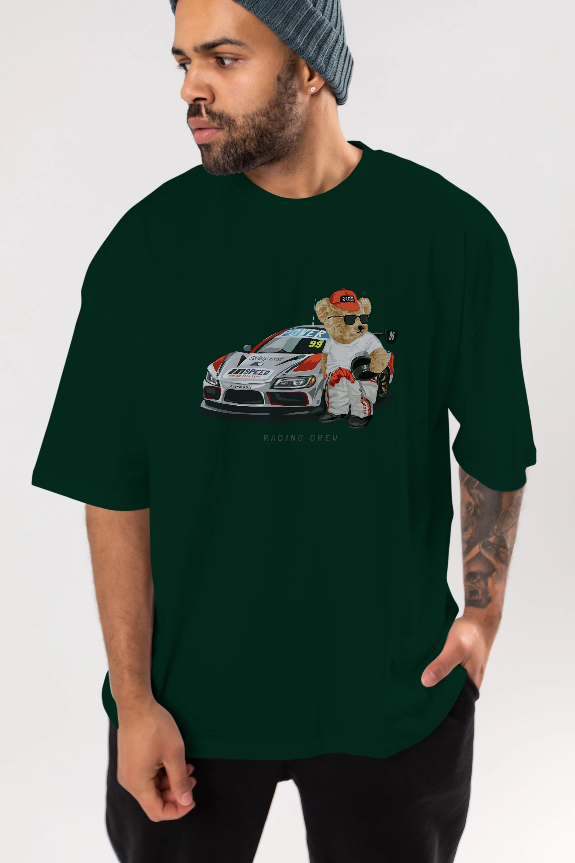 Teddy Bear Racing Crew Ön Baskılı Oversize t-shirt Erkek Kadın Unisex %100 Pamuk