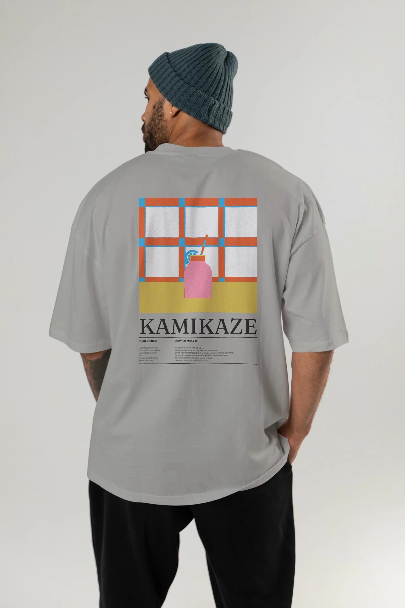 Kamikaze Kokteyl Serisi Arka Baskılı Oversize t-shirt Erkek Kadın %100 Pamuk Bisiklet Yaka tişort