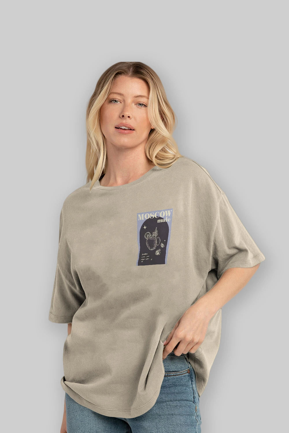Moscow Mule Ön Sol Baskılı Oversize t-shirt Erkek Kadın Unisex %100 Pamuk Bisiklet Yaka tişort