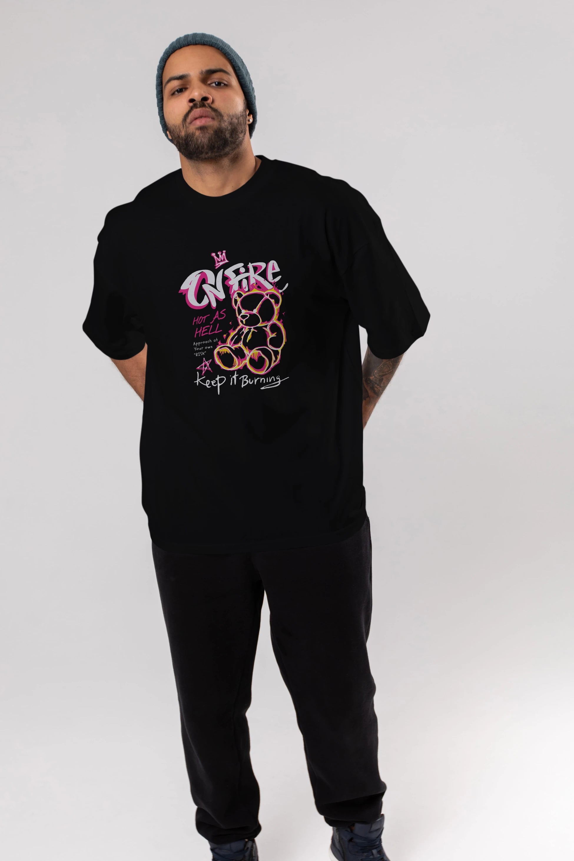 On Fire Bear Ön Baskılı Oversize t-shirt Erkek Kadın Unisex