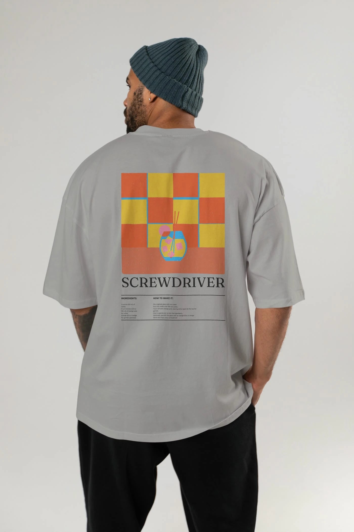 Screwdriver Kokteyl Serisi Arka Baskılı Oversize t-shirt Erkek Kadın %100 Pamuk Bisiklet Yaka tişort