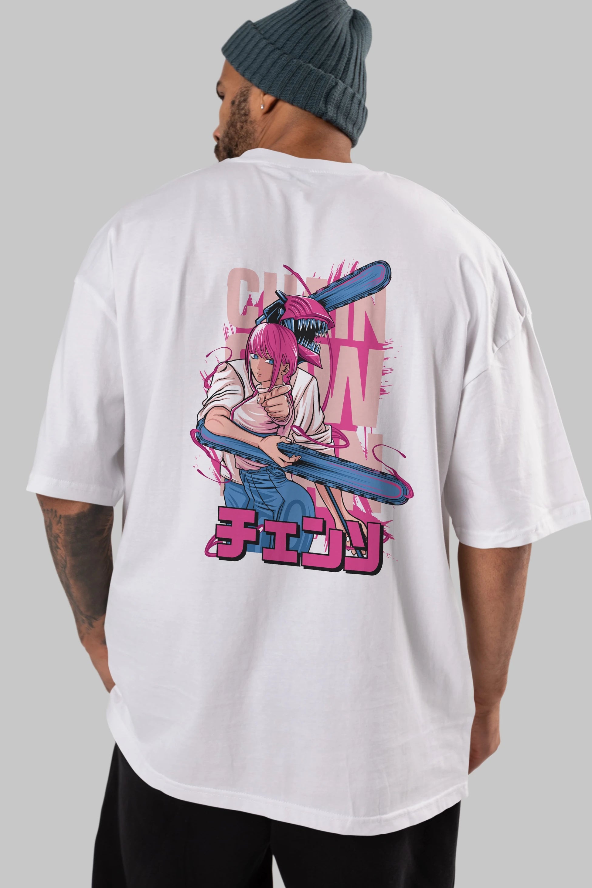 DENJI and MAKIMA Anime Arka Baskılı Oversize t-shirt Erkek Kadın Unisex