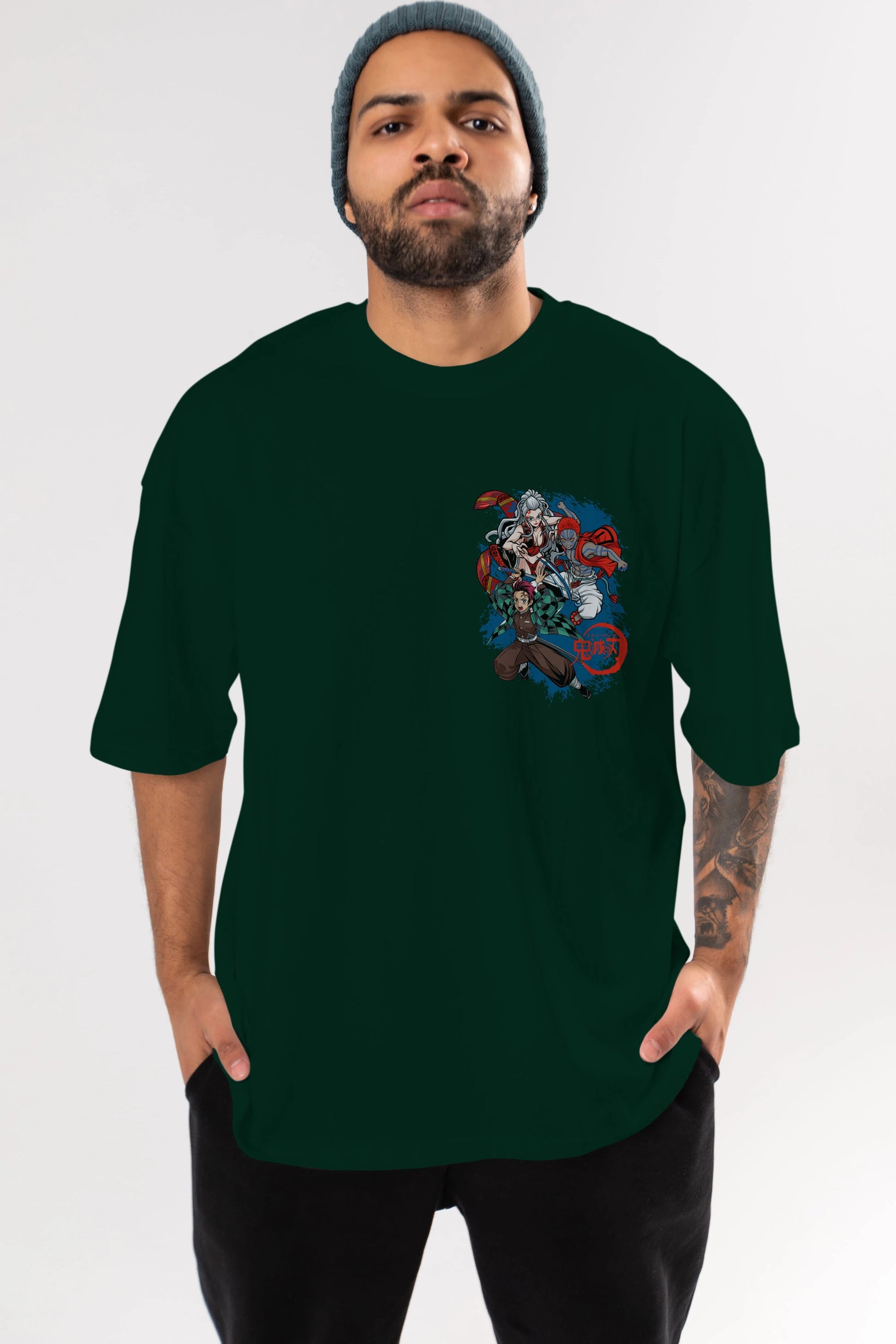 TANJIRO ,AKAZA,DAKI Ön Sol Baskılı Oversize t-shirt Erkek Kadın Unisex %100 Pamuk Bisiklet Yaka tişort