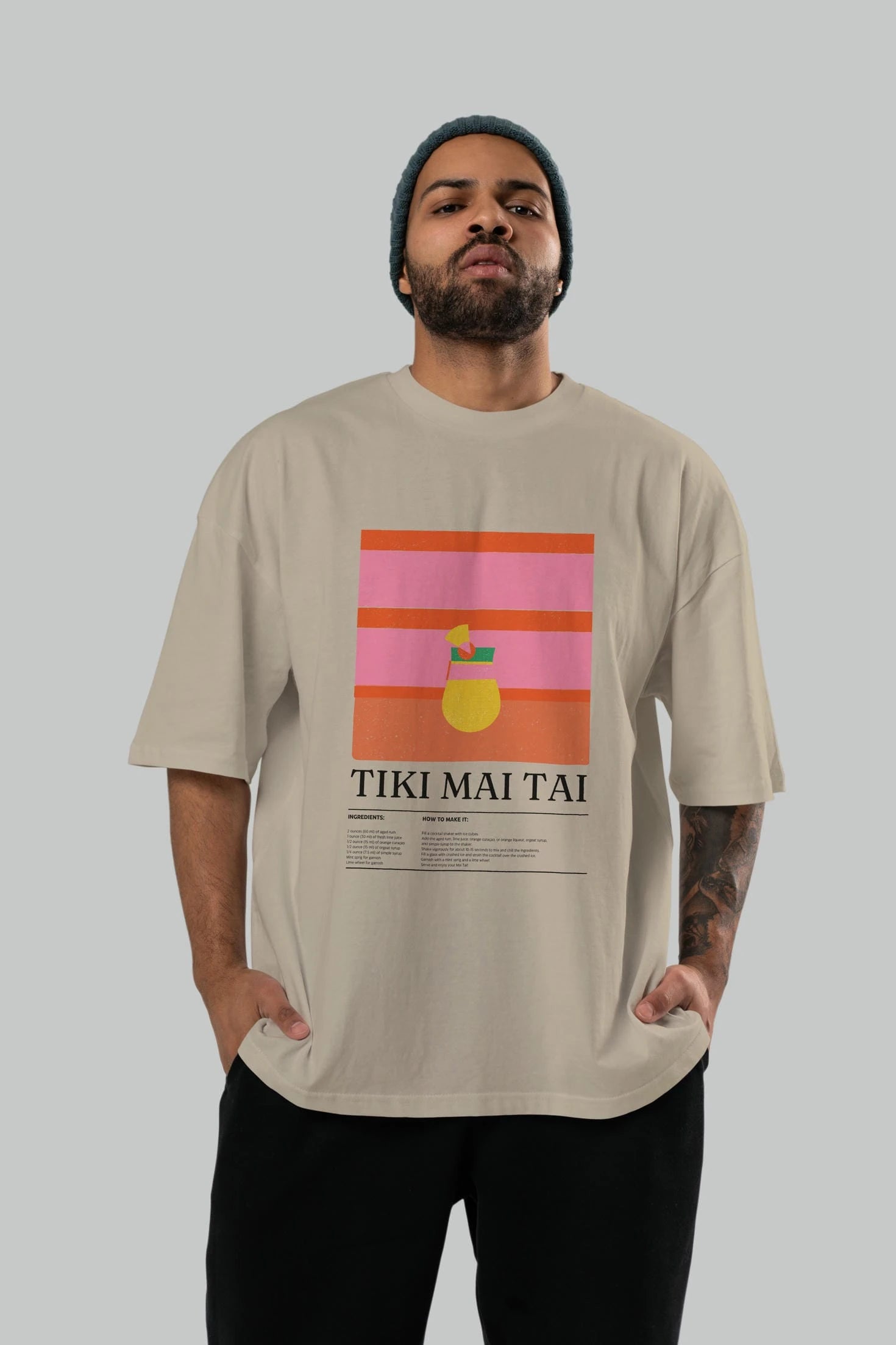 Tiki Mai Tai Kokteyl Ön Baskılı Oversize t-shirt Erkek Kadın %100 Pamuk Bisiklet Yaka tişort