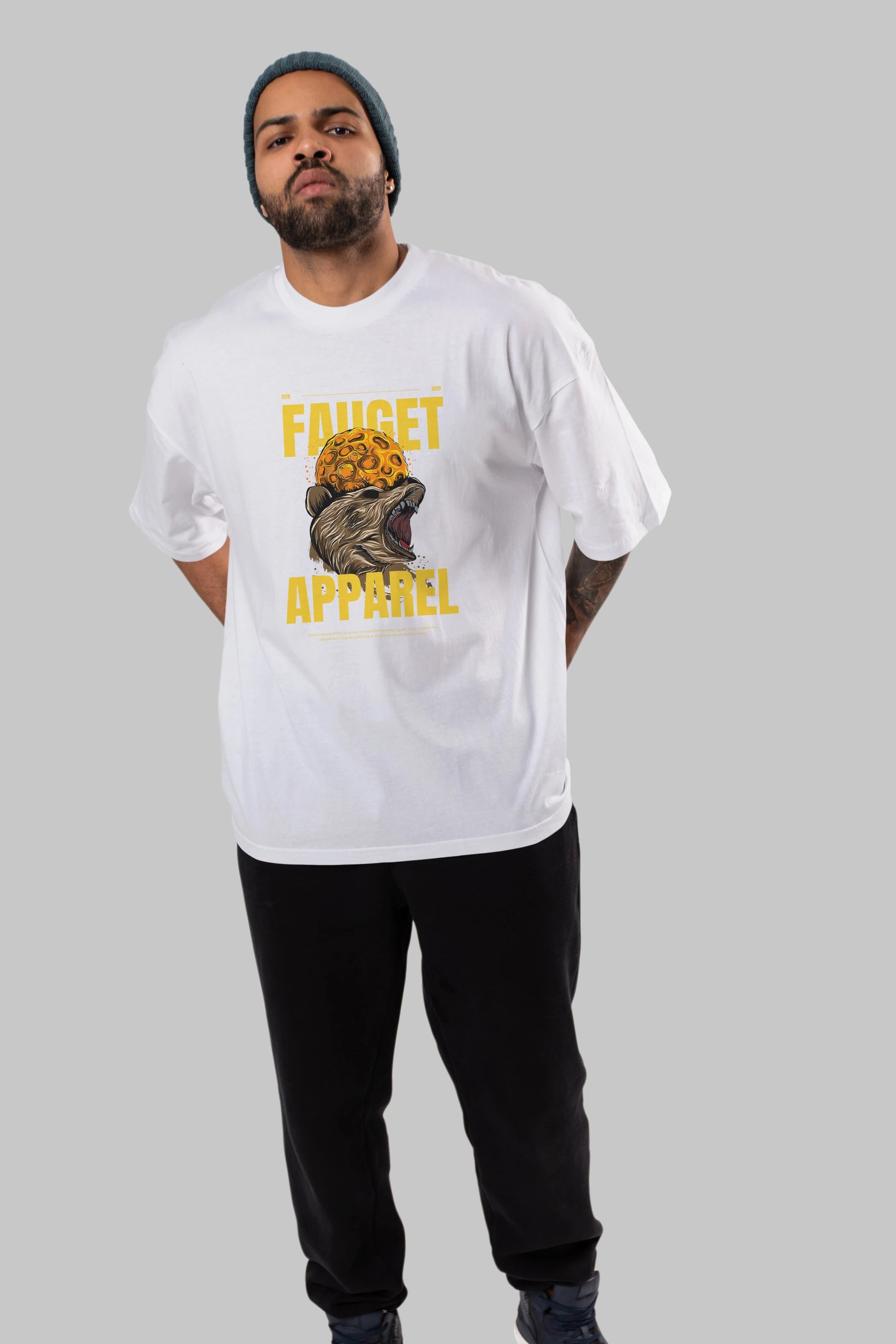 Bear Angry Fauget Apparel Ön Baskılı Oversize t-shirt Erkek Kadın Unisex