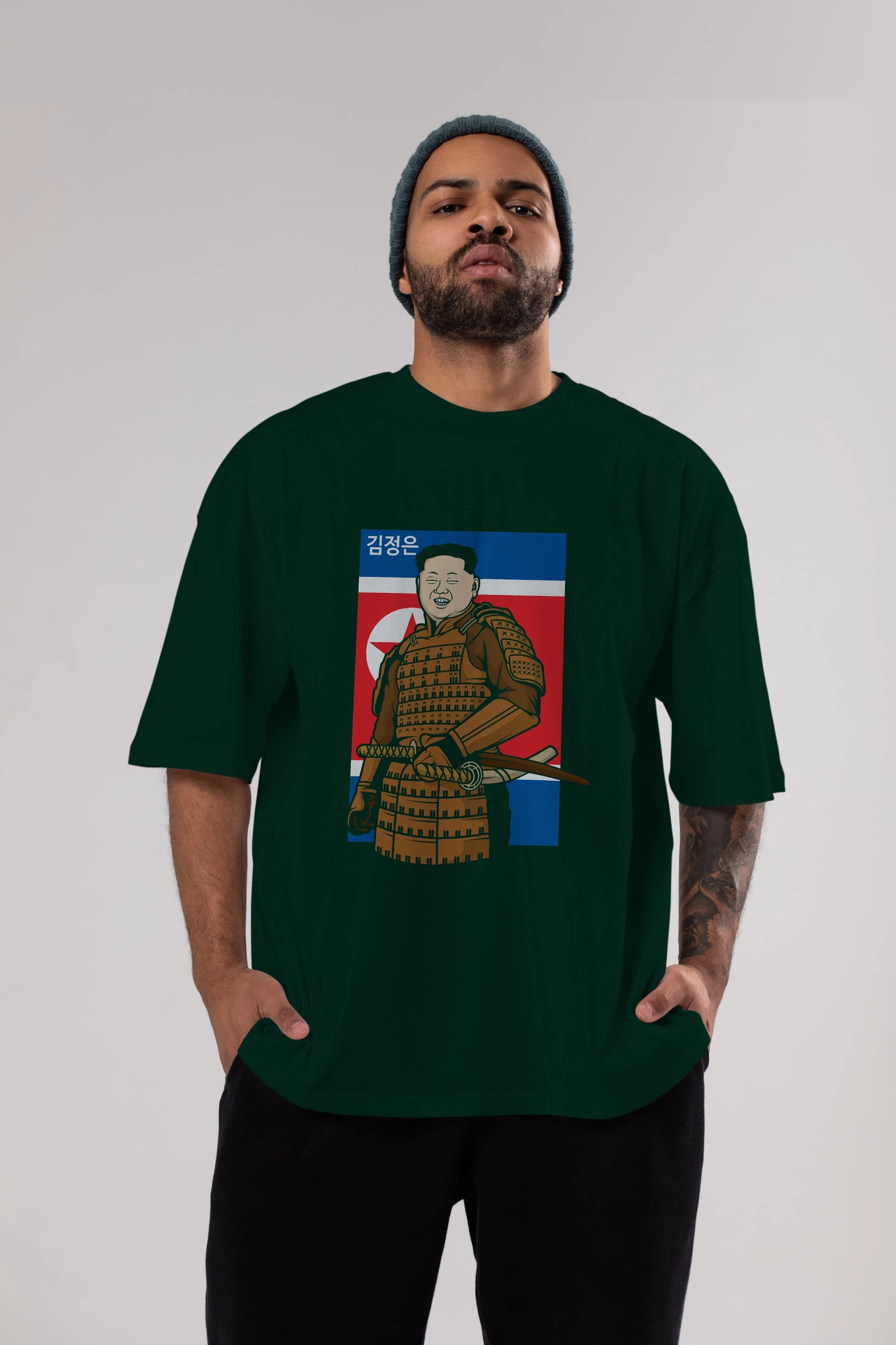 Samurai Jong Un Ön Baskılı Oversize t-shirt Erkek Kadın Unisex %100 Pamuk tişort
