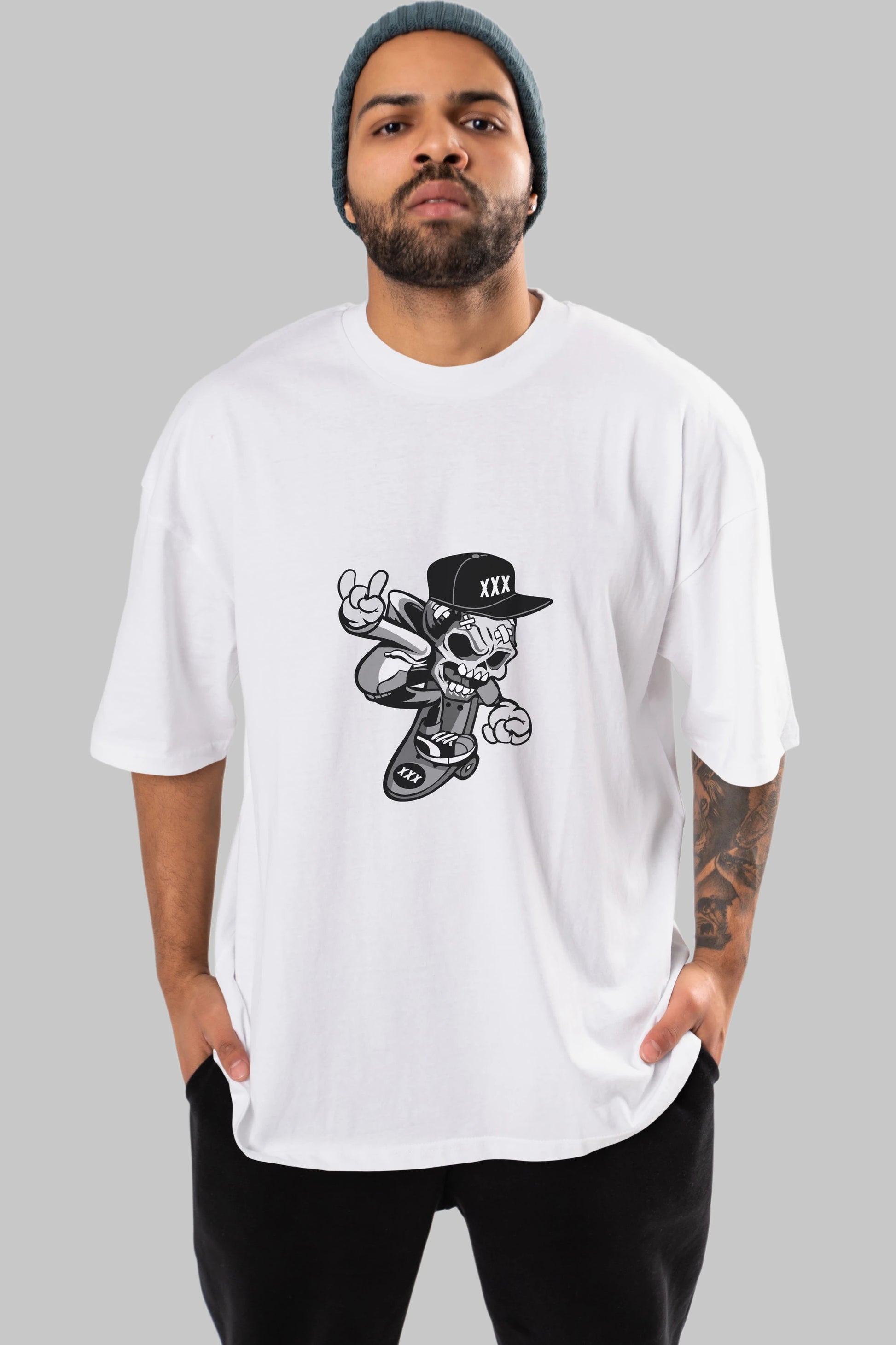 Skull Skateboard Ön Baskılı Oversize t-shirt Erkek Kadın Unisex %100 Pamuk tişort