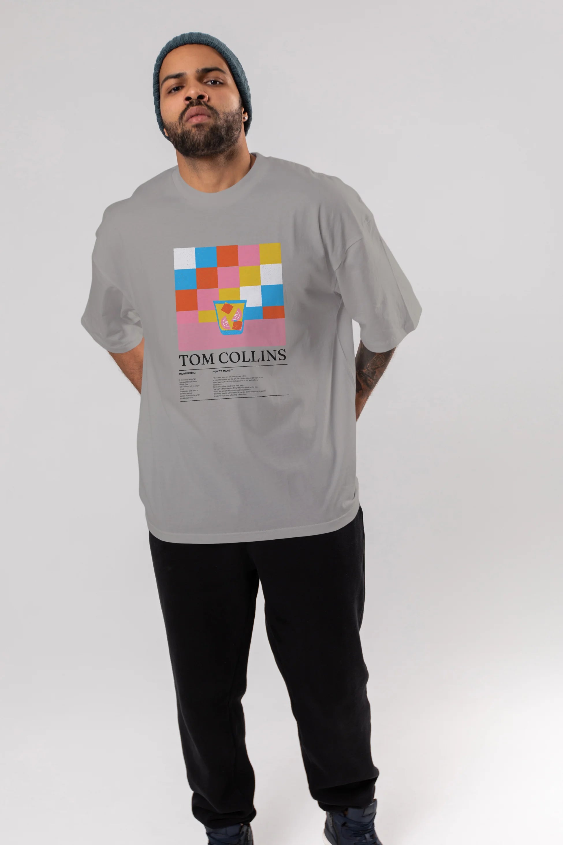 Tom Collins Kokteyl Ön Baskılı Oversize t-shirt Erkek Kadın %100 Pamuk Bisiklet Yaka tişort
