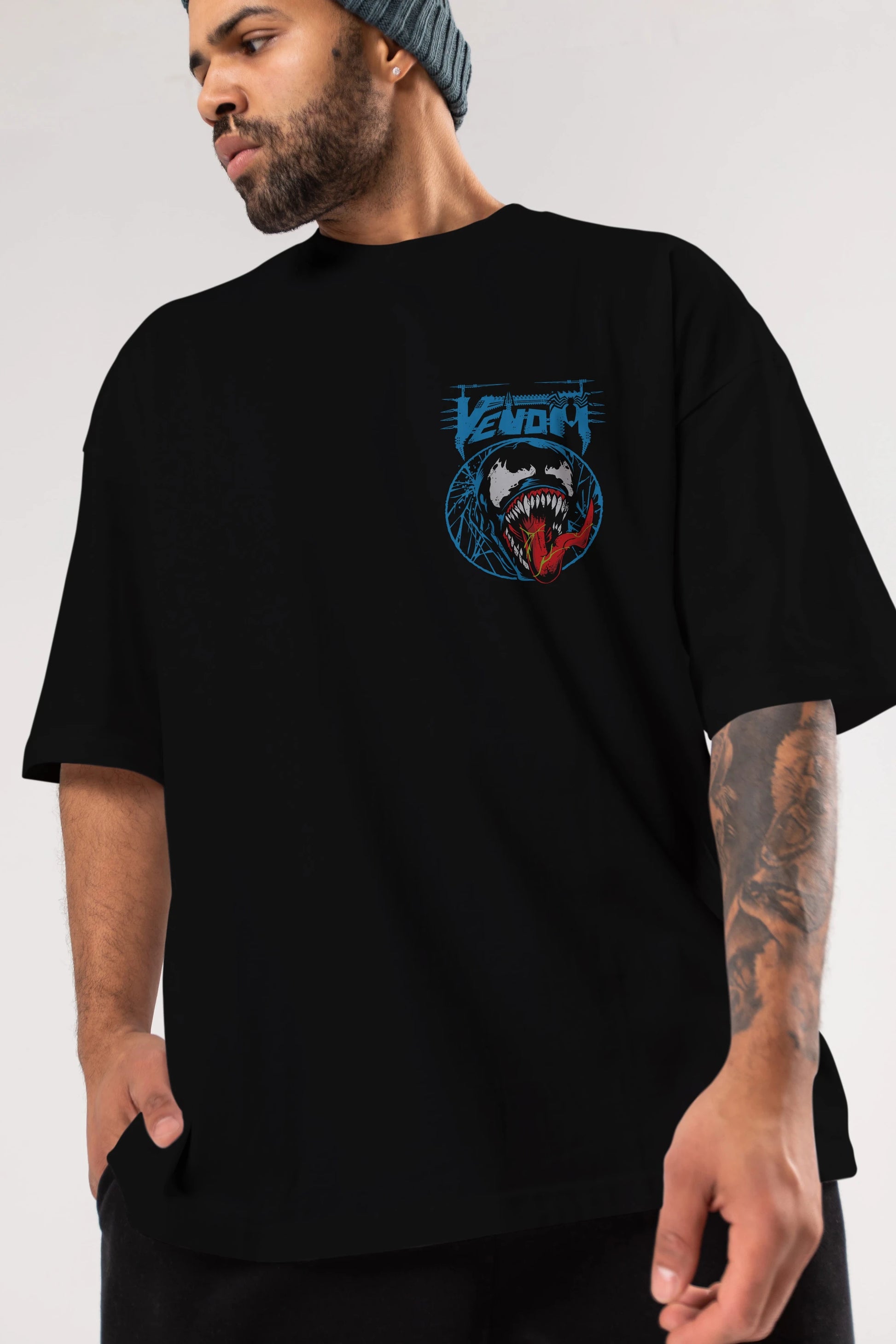 Venom (23) Ön Sol Baskılı Oversize t-shirt Erkek Kadın Unisex %100 Pamuk Bisiklet Yaka tişort