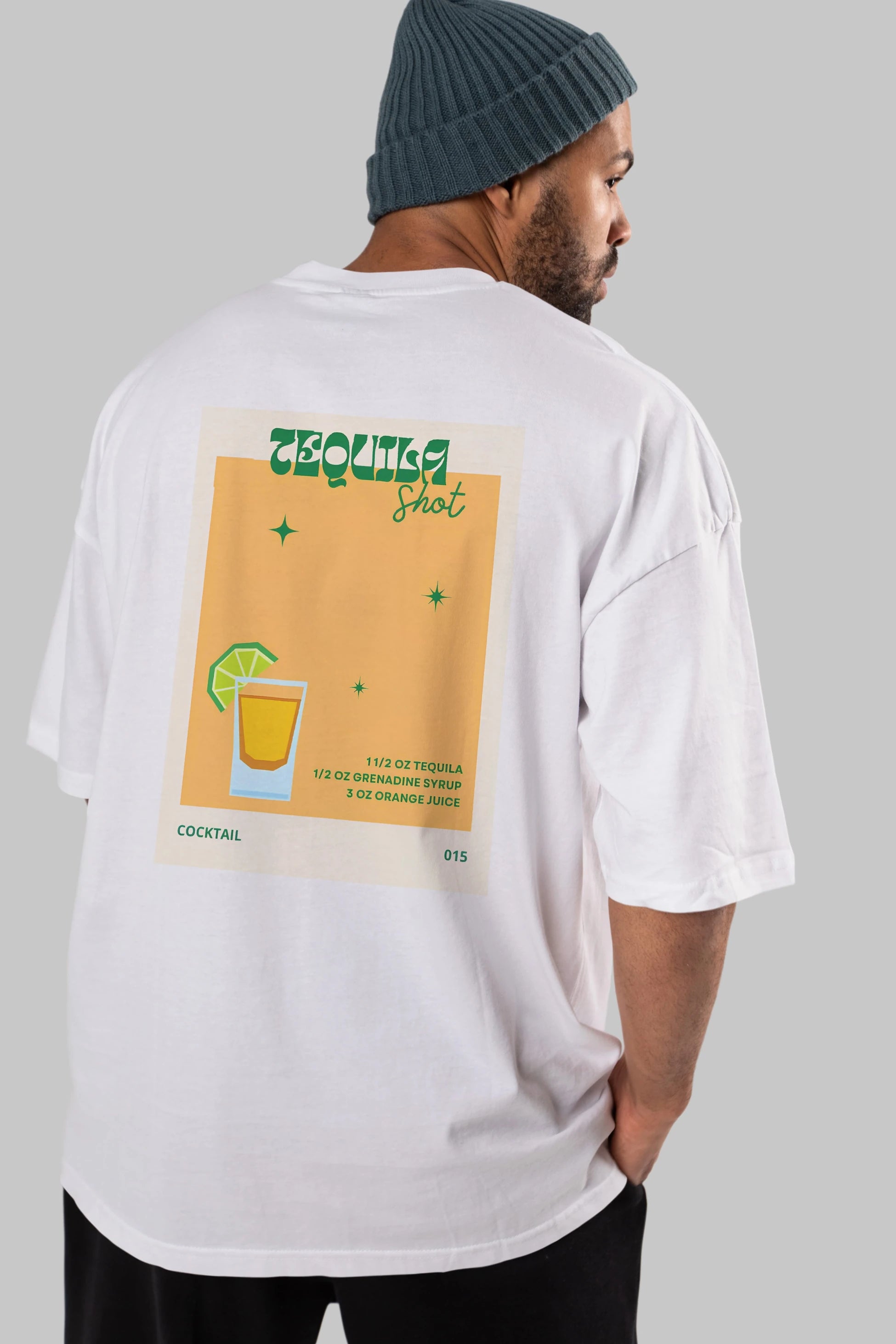 Tequila Shot 2 Arka Baskılı Oversize t-shirt Erkek Kadın Unisex %100 Pamuk Bisiklet Yaka tişort
