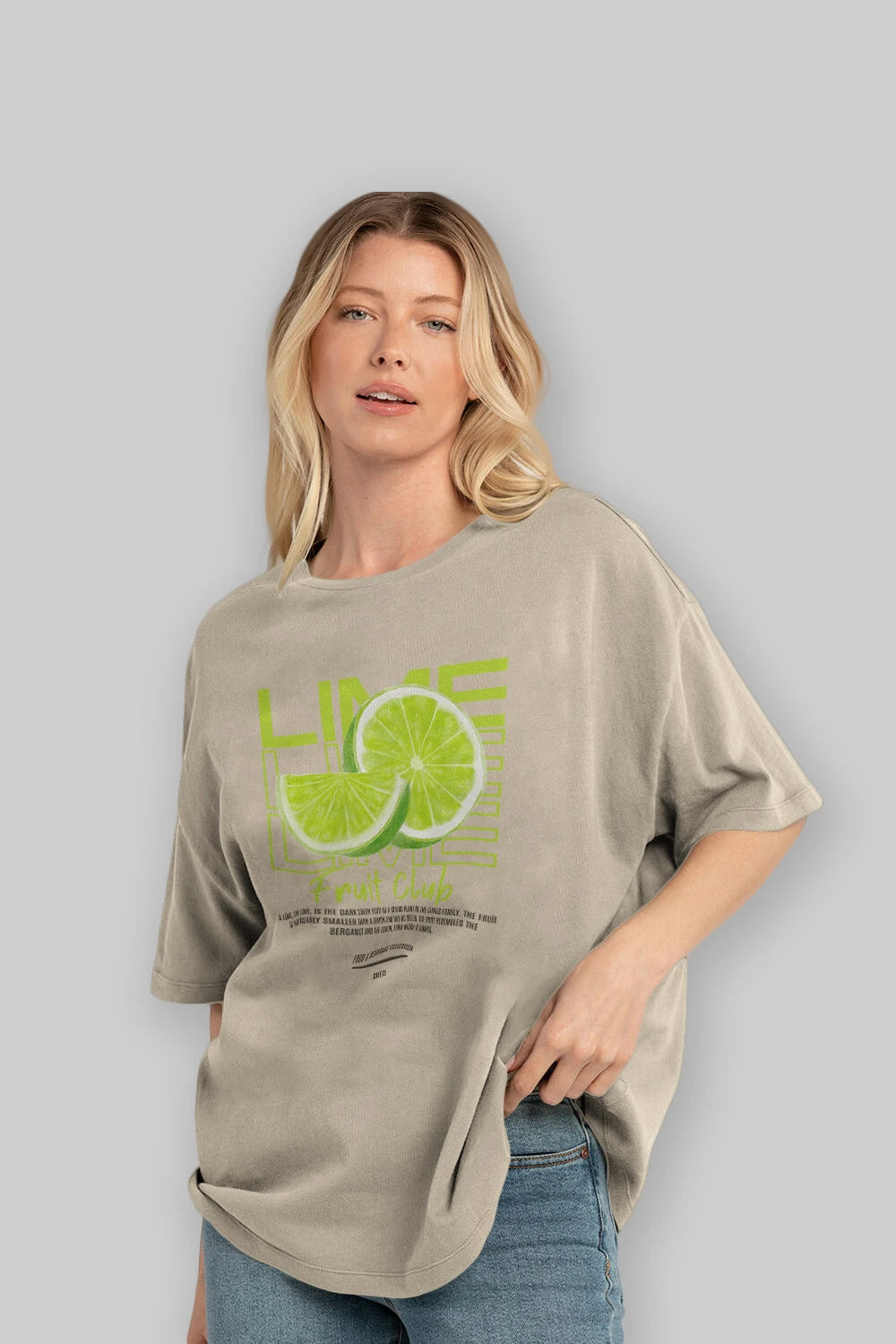 Lime Ön Baskılı Oversize t-shirt Erkek Kadın Pamuk Bisiklet Yaka tişort