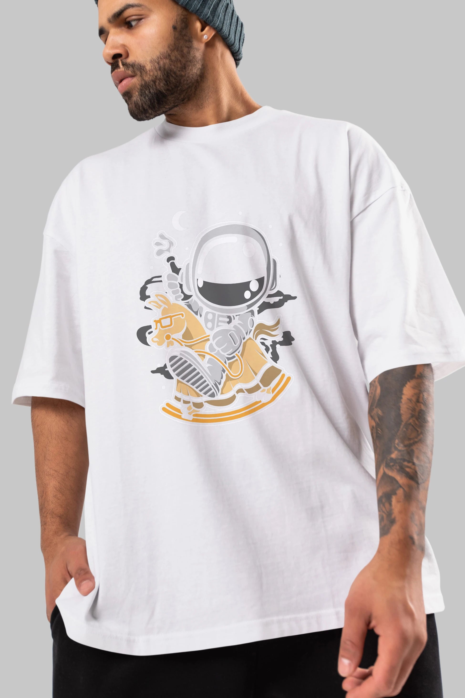 Astronaut RidingToy Horse Ön Baskılı Oversize t-shirt Erkek Kadın Unisex