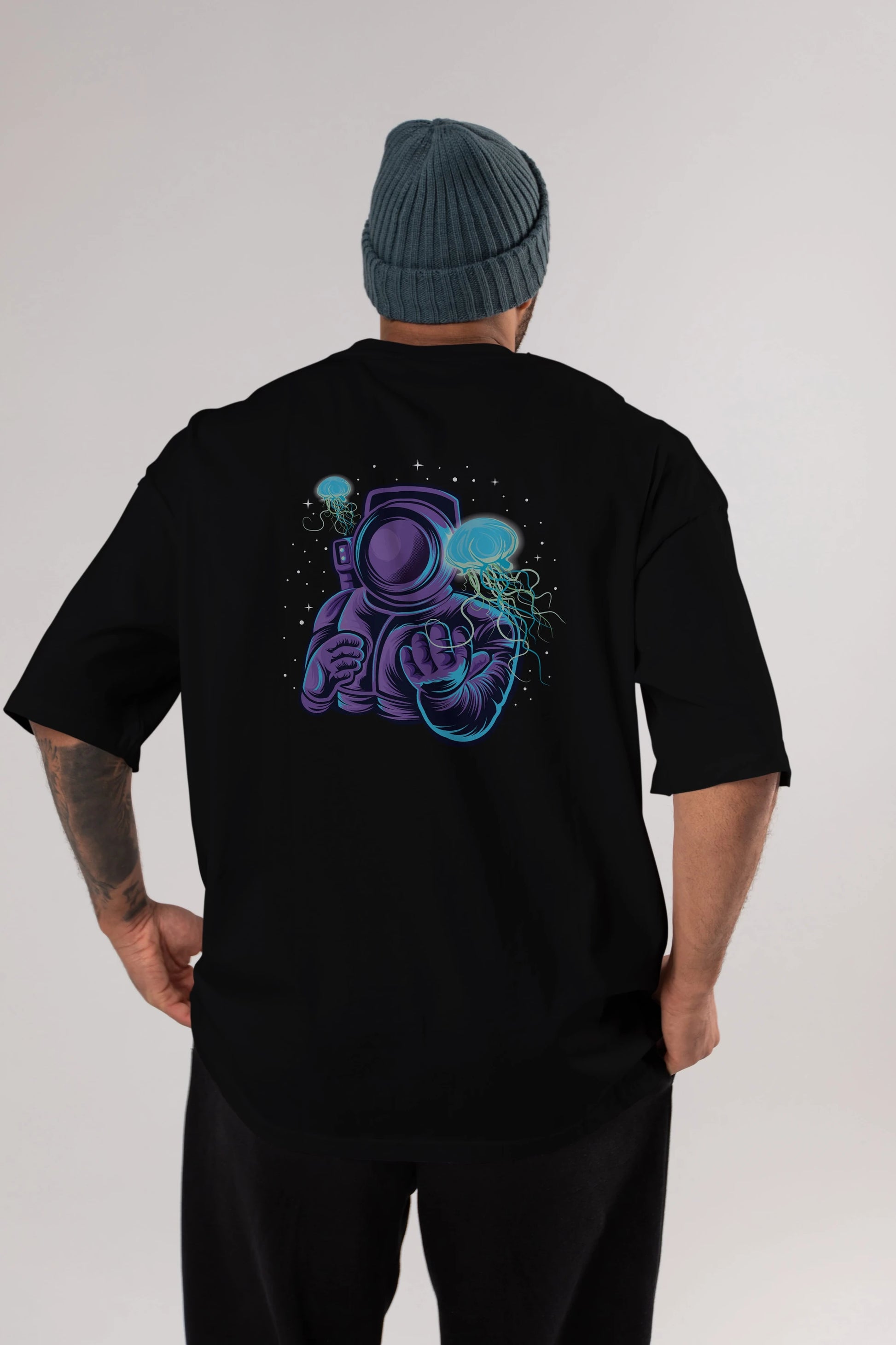 Astronaut and Jellyfish Arka Baskılı Oversize t-shirt Erkek Kadın Unisex