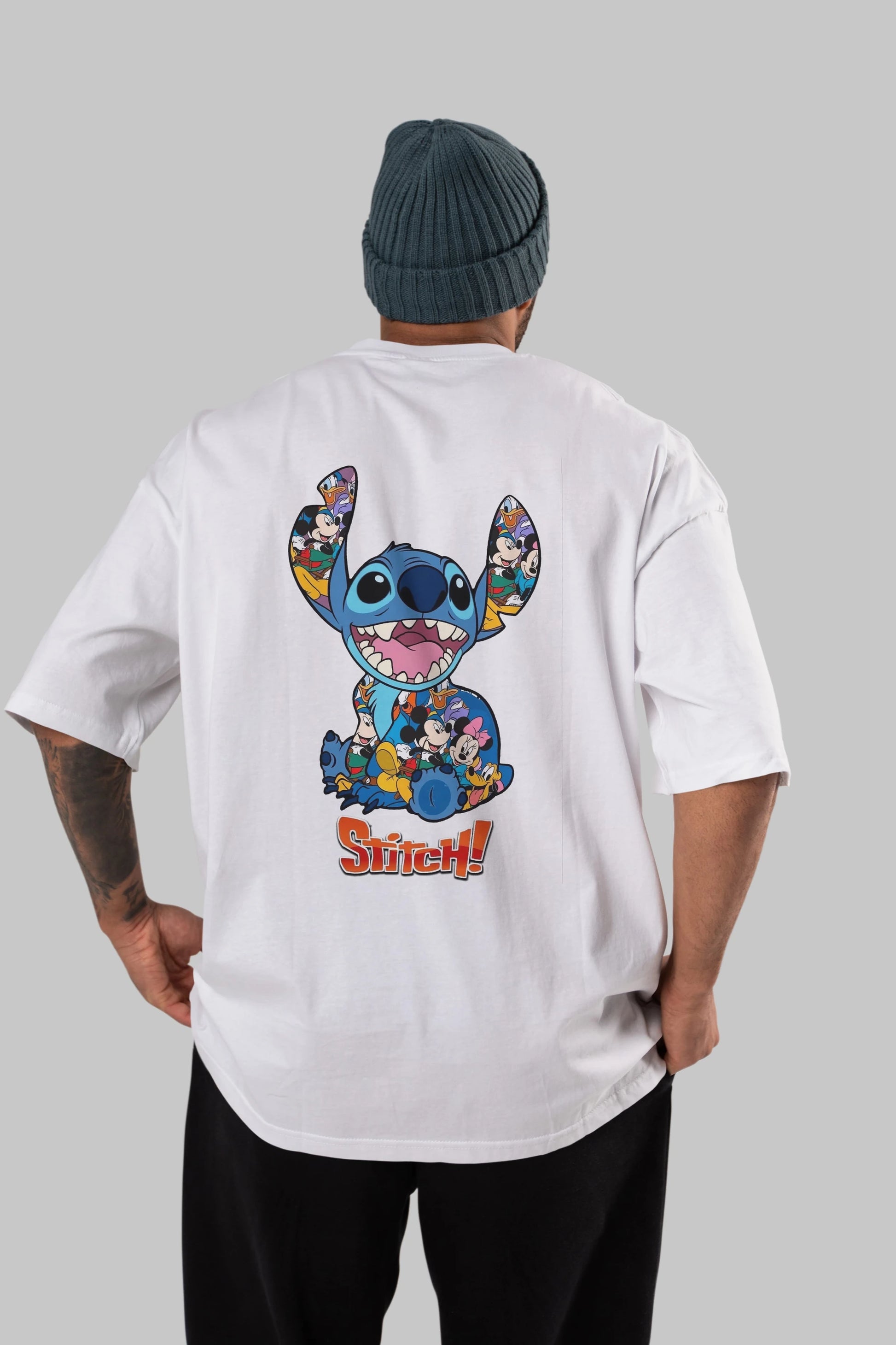 Stitch Arka Baskılı Oversize t-shirt Erkek Kadın Unisex %100 Pamuk Bisiklet Yaka tişort