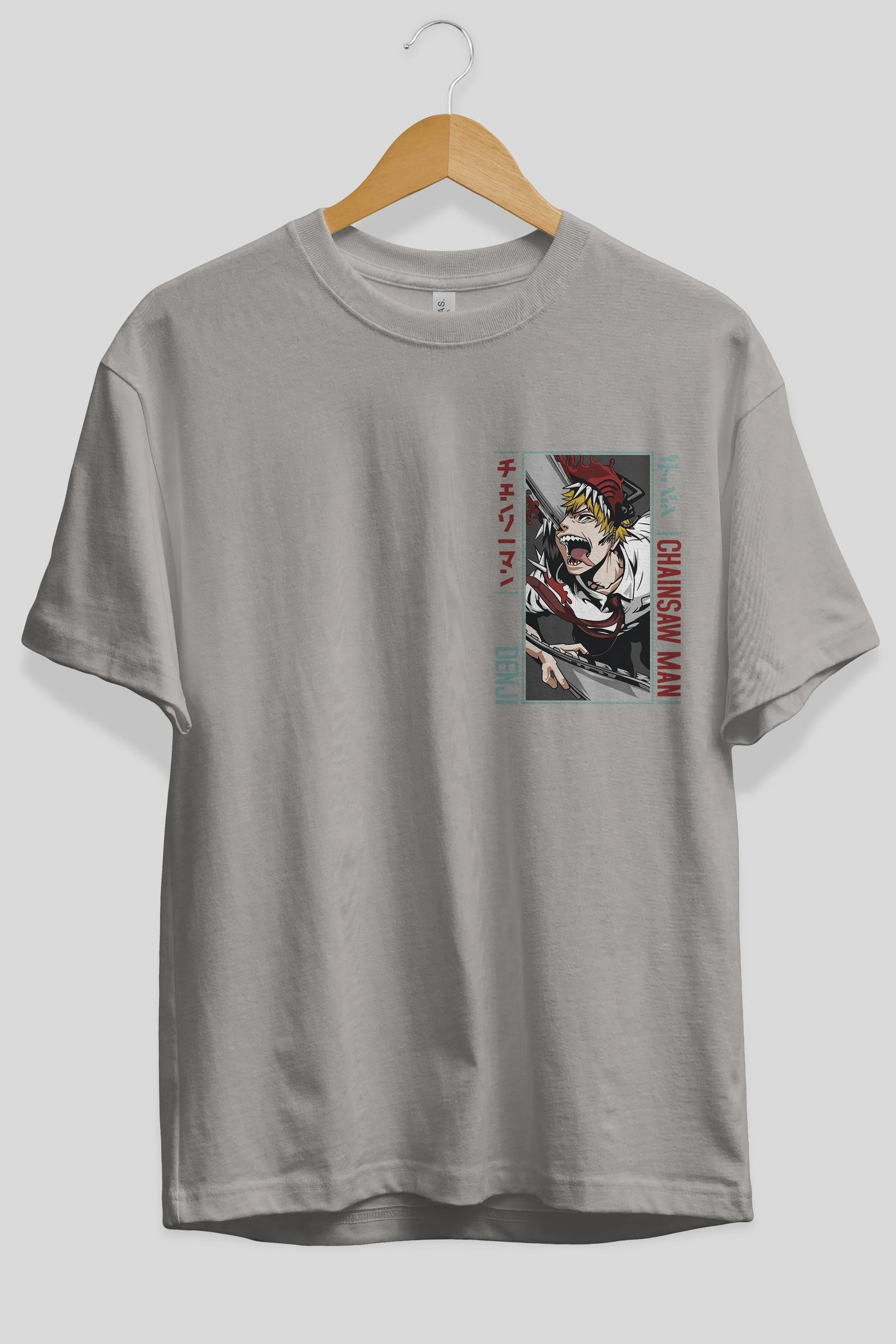 Denji Chainsaw Man Ön Sol Baskılı Oversize t-shirt Erkek Kadın Unisex %100 Pamuk Bisiklet Yaka tişort