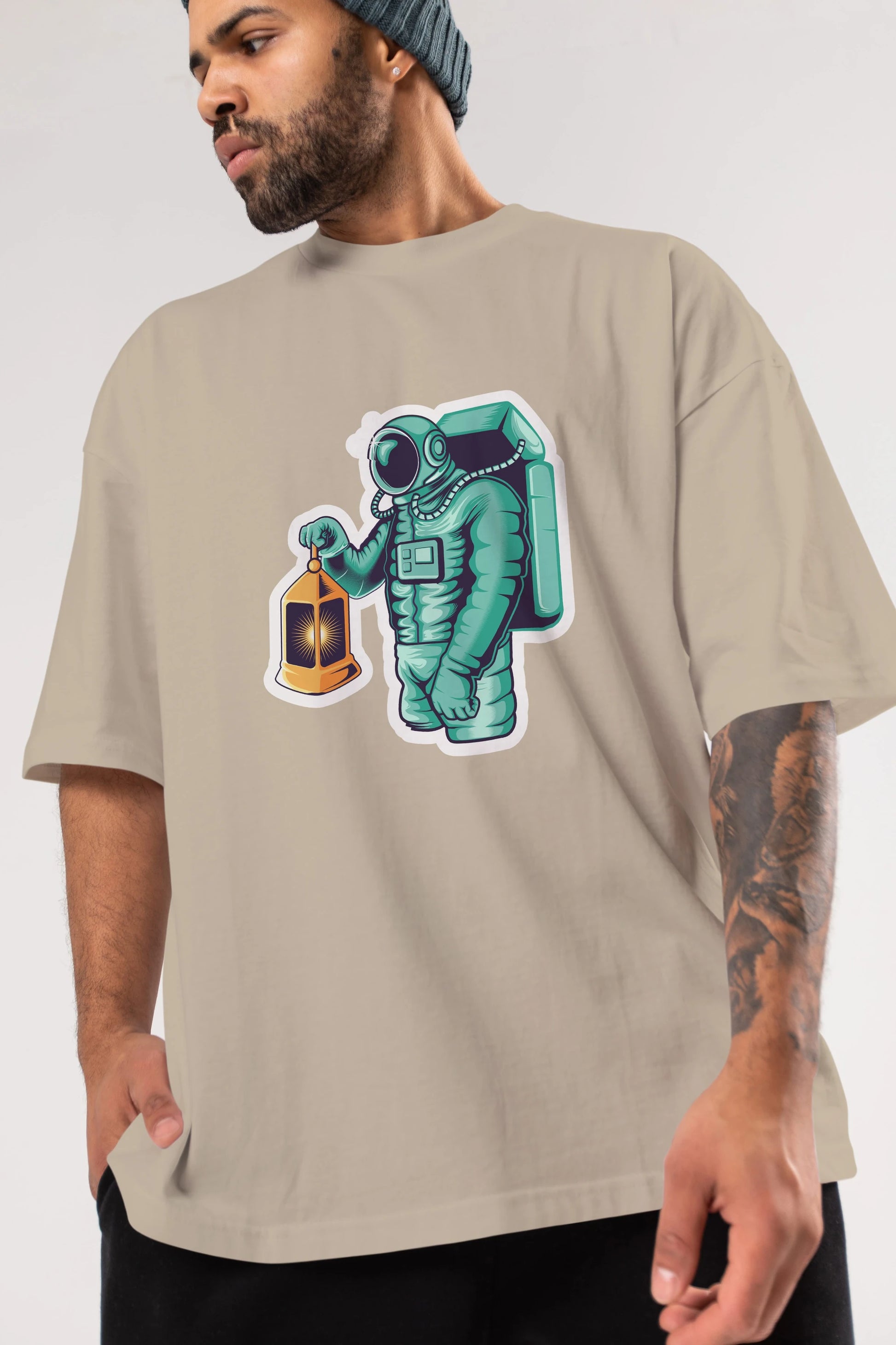 Astronaut Lantern Sticker Ön Baskılı Oversize t-shirt Erkek Kadın Unisex