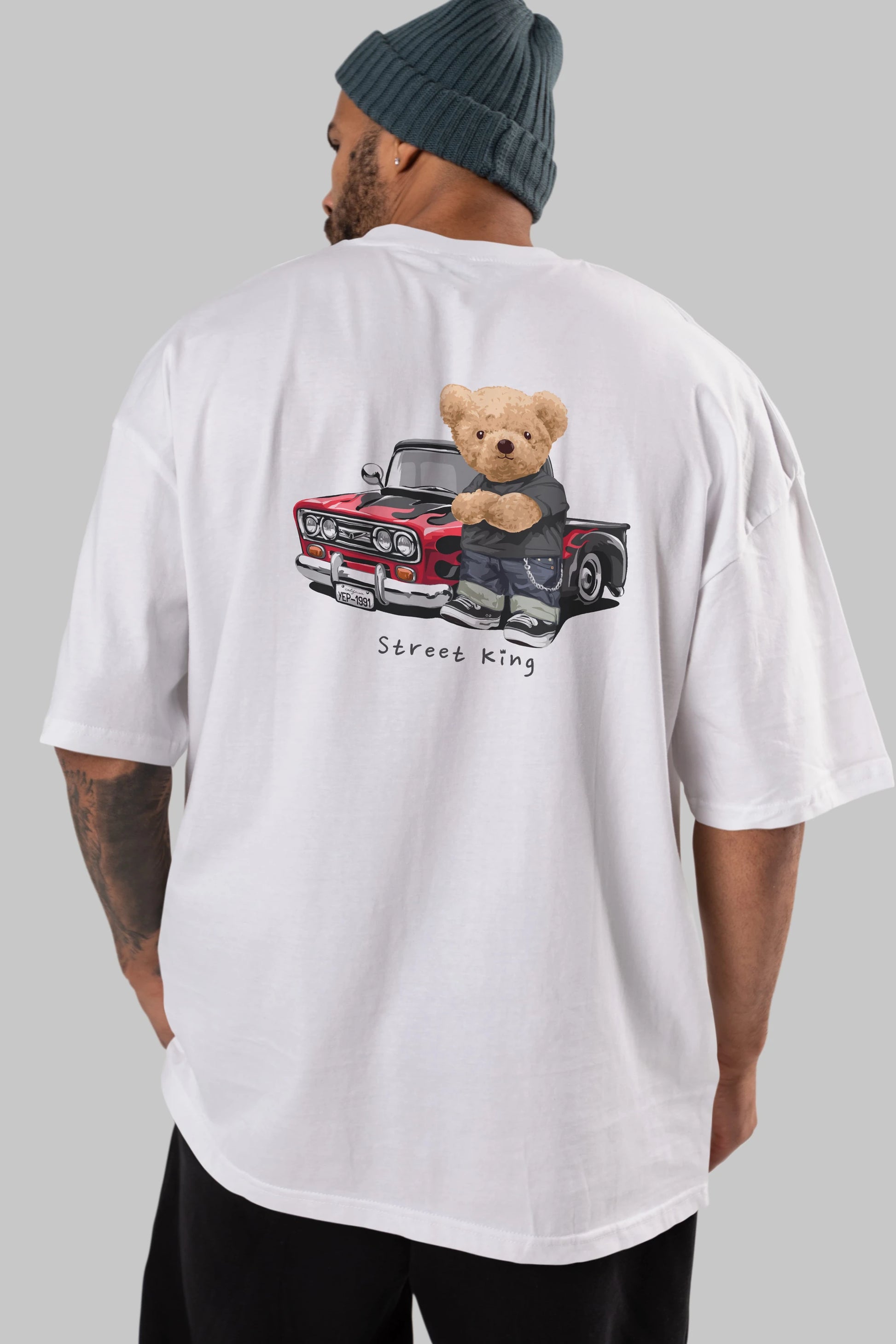 Teddy Bear Street King Arka Baskılı Oversize t-shirt Erkek Kadın Unisex %100 Pamuk