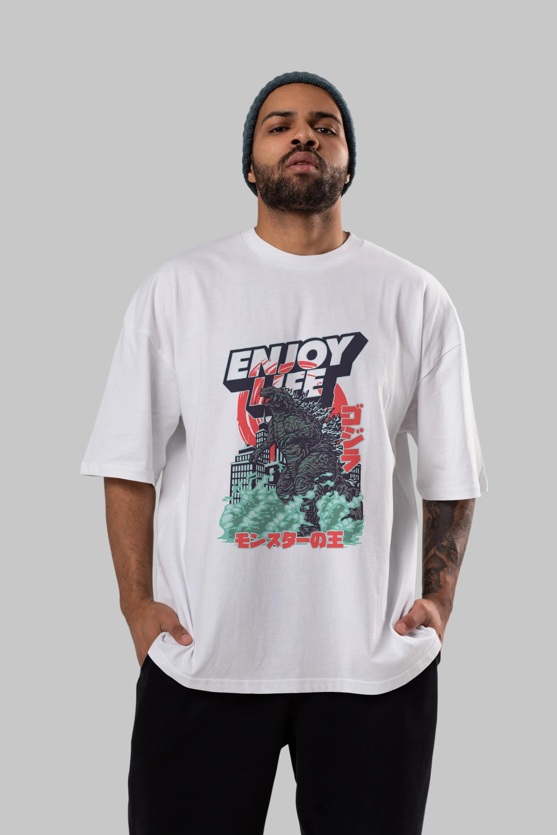 Godzilla Ön Baskılı Oversize t-shirt Erkek Kadın Unisex %100 Pamuk Bisiklet Yaka tişort