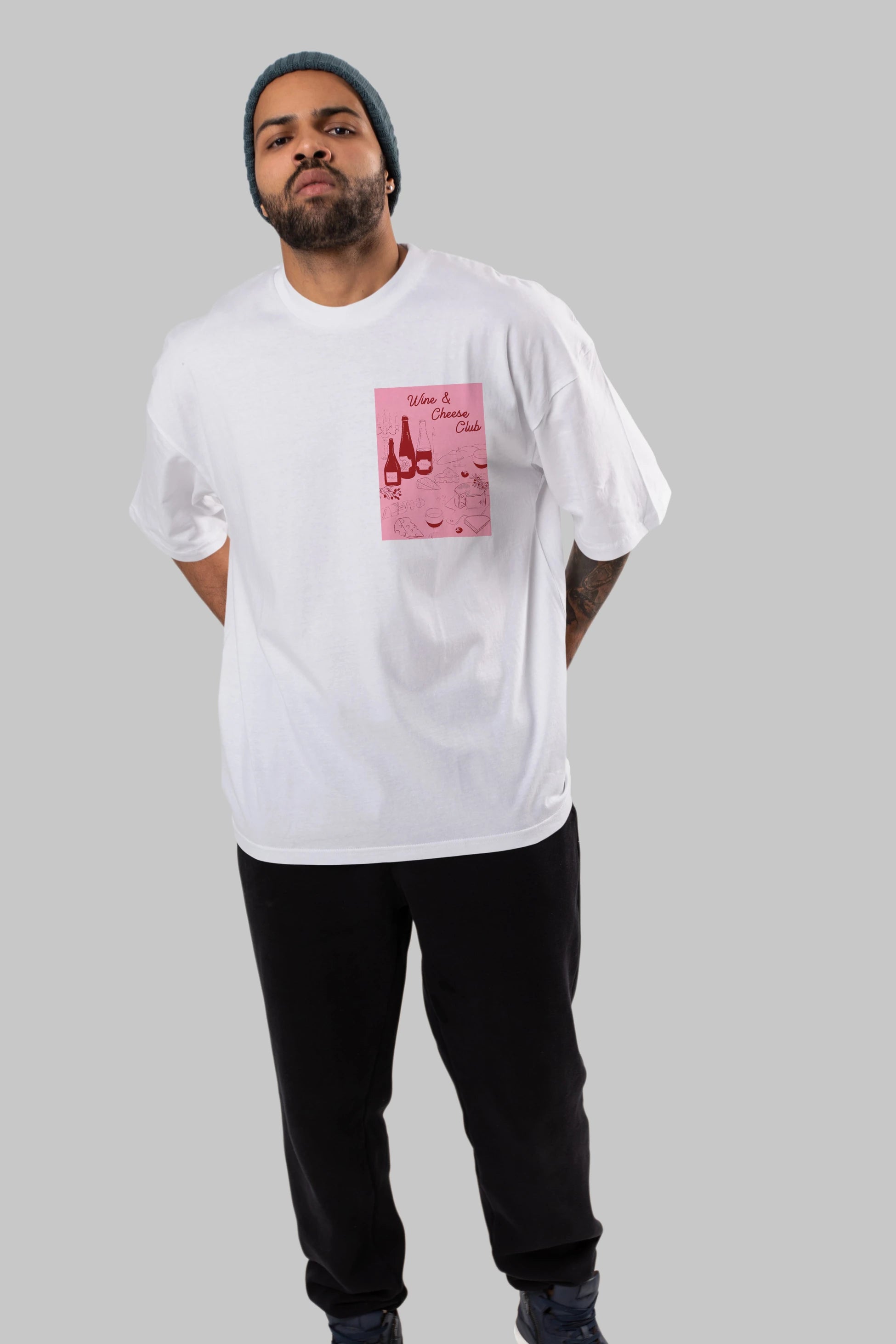 Wine Cheese Club Ön Sol Baskılı Oversize t-shirt Erkek Kadın Unisex %100 Pamuk Bisiklet Yaka tişort